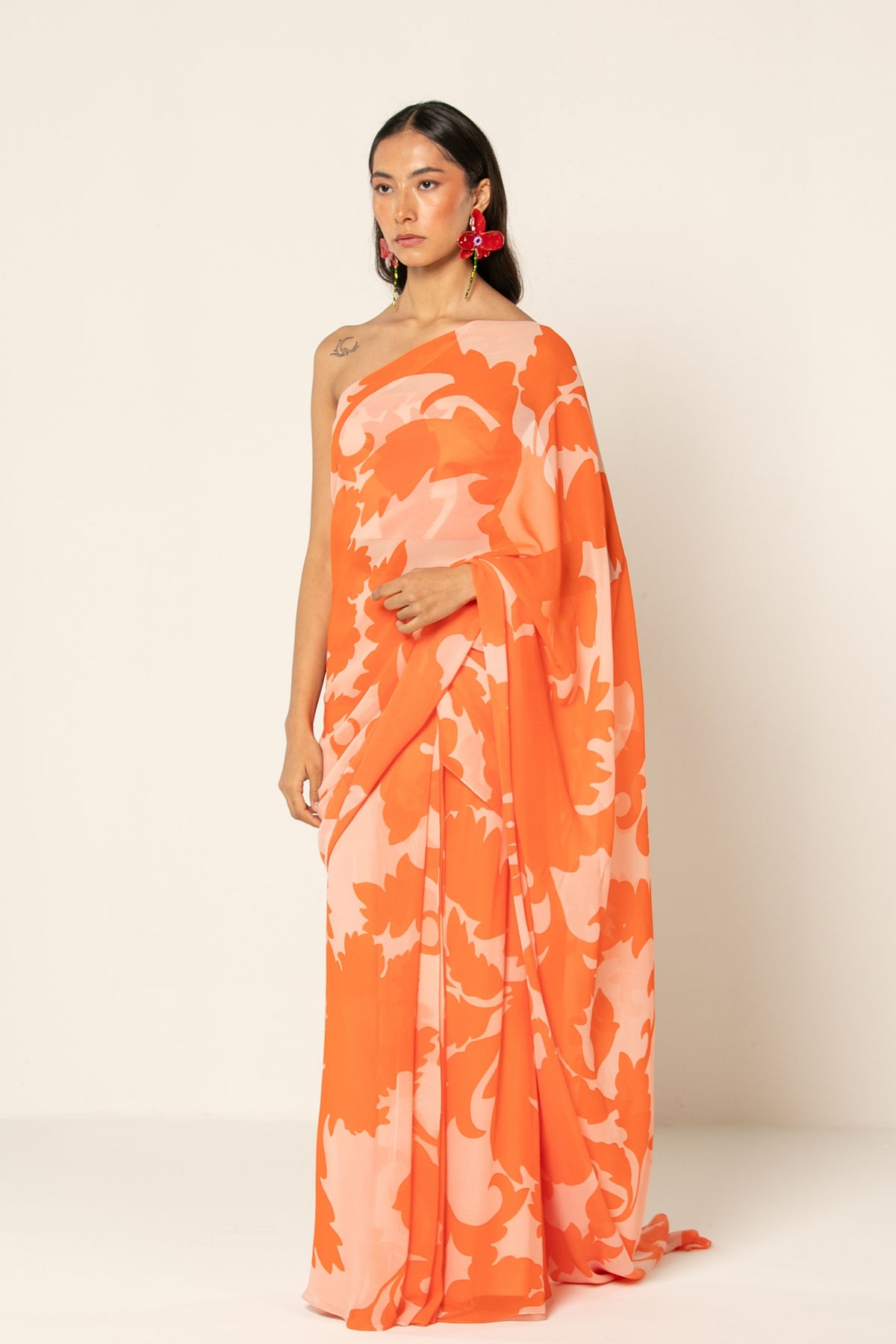 Neon Orange Pre Draped Saree Set