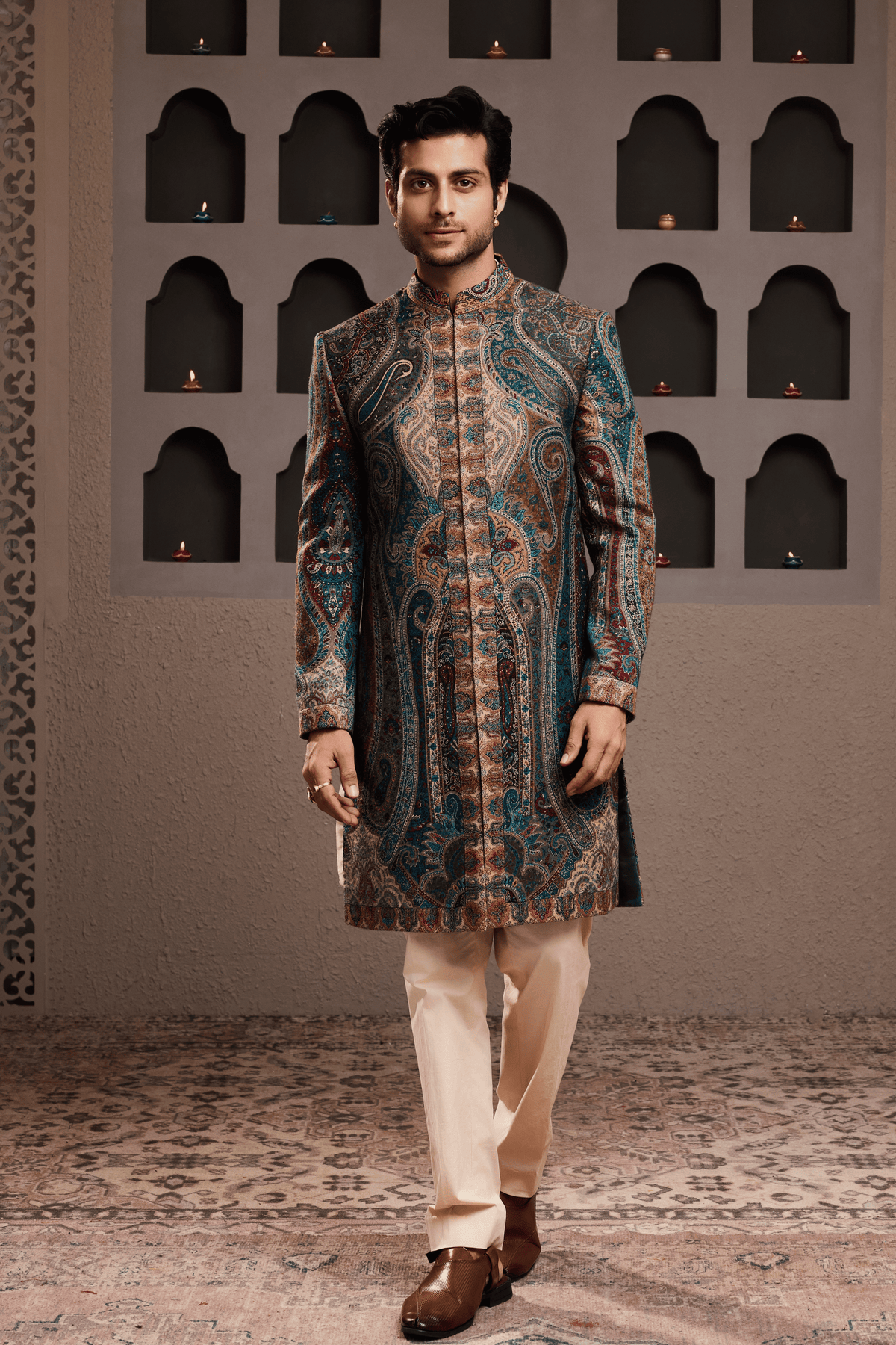 Jamawar Achkan Beige Kurta Set