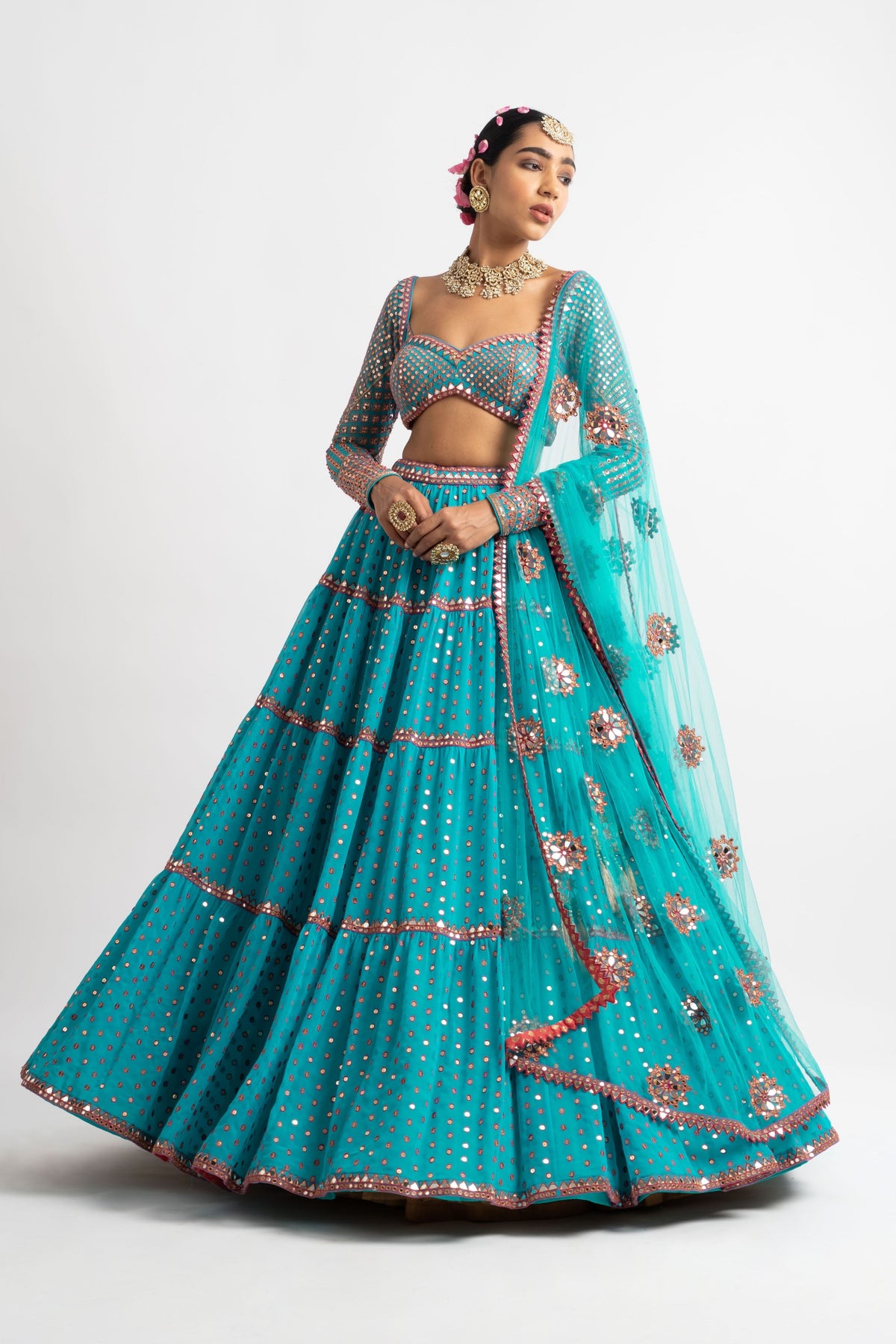 Peacock green multi tier lehenga