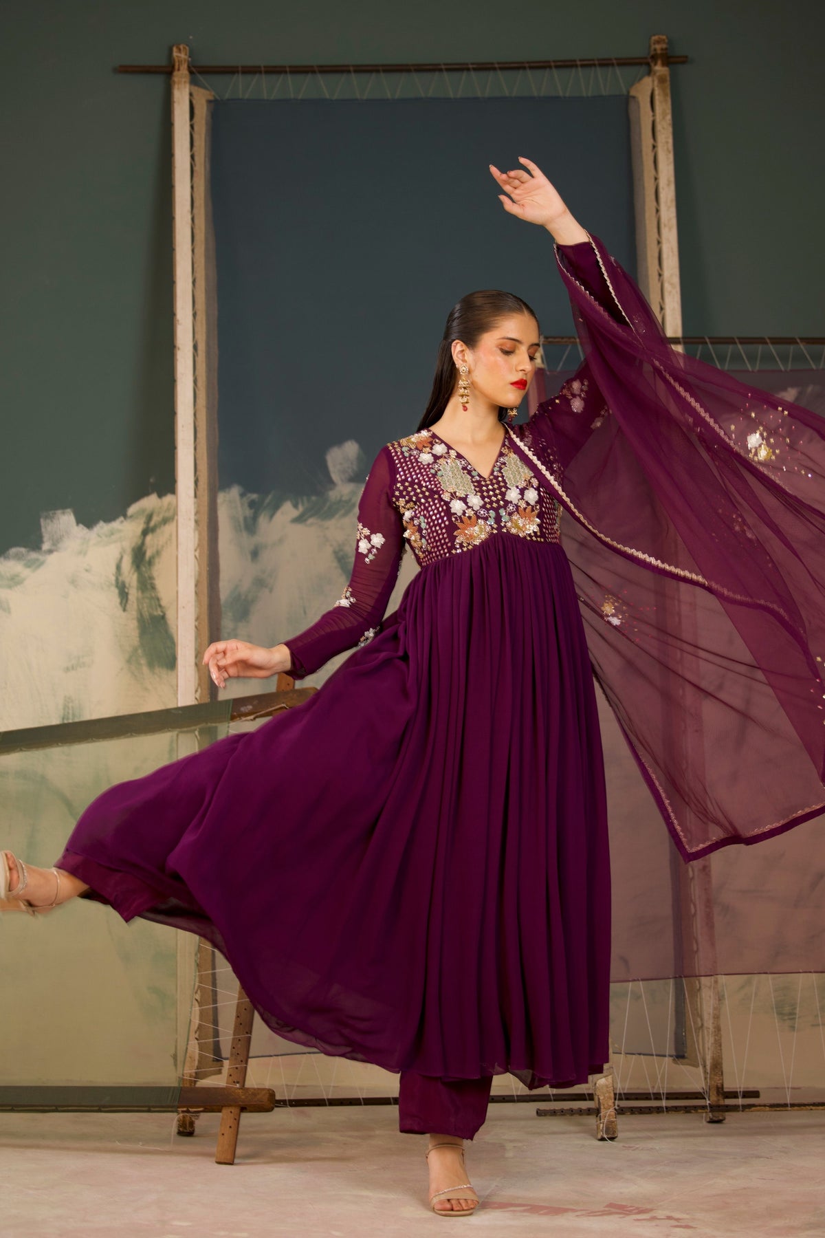 Deep Purple Anarkali Set