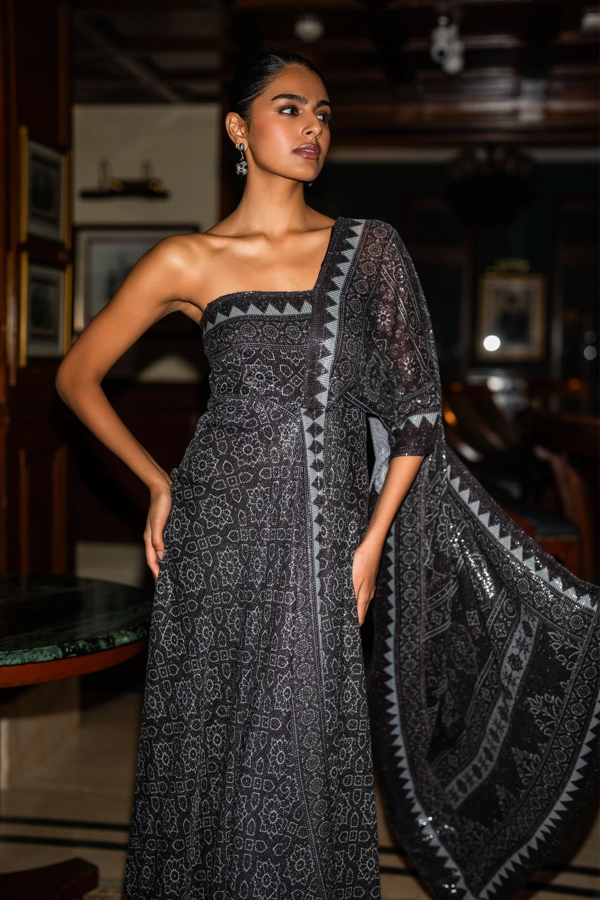 Monochrome Saree Drape Gown