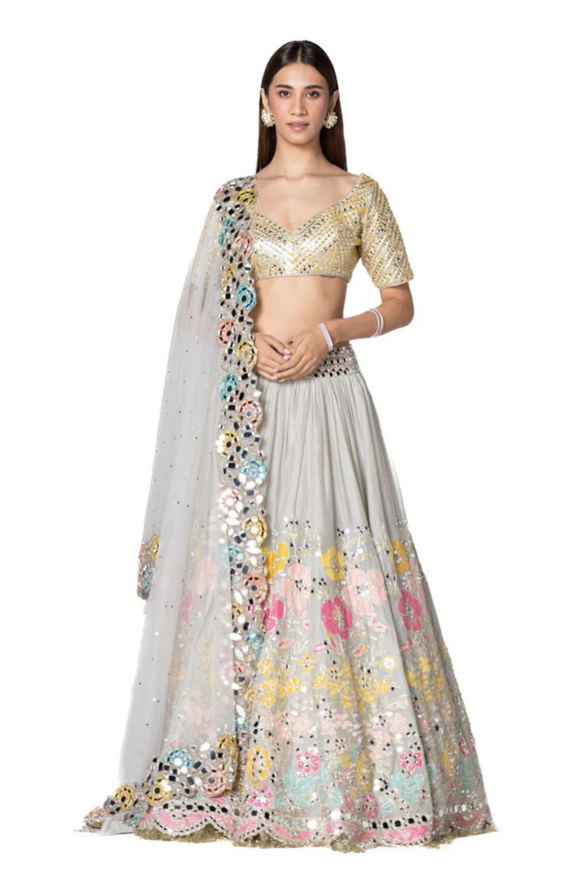 Multicoloured Floral Patched Lehenga Set