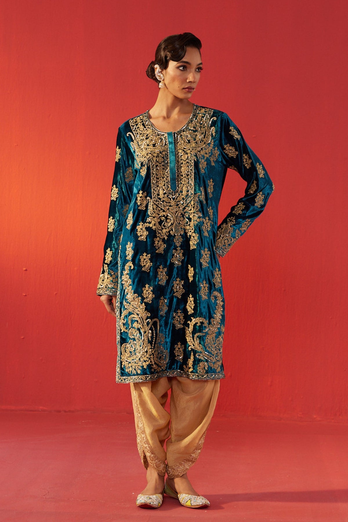 Teal Blue Velvet Kurta Set