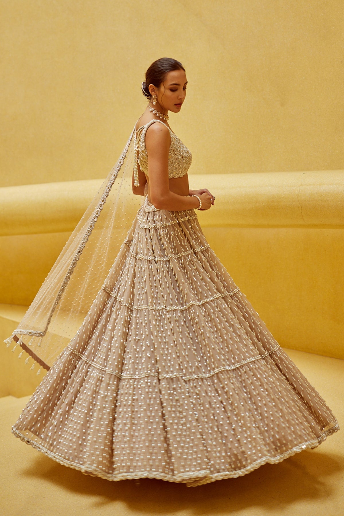 Light Beige Multi Tier Lehenga Set