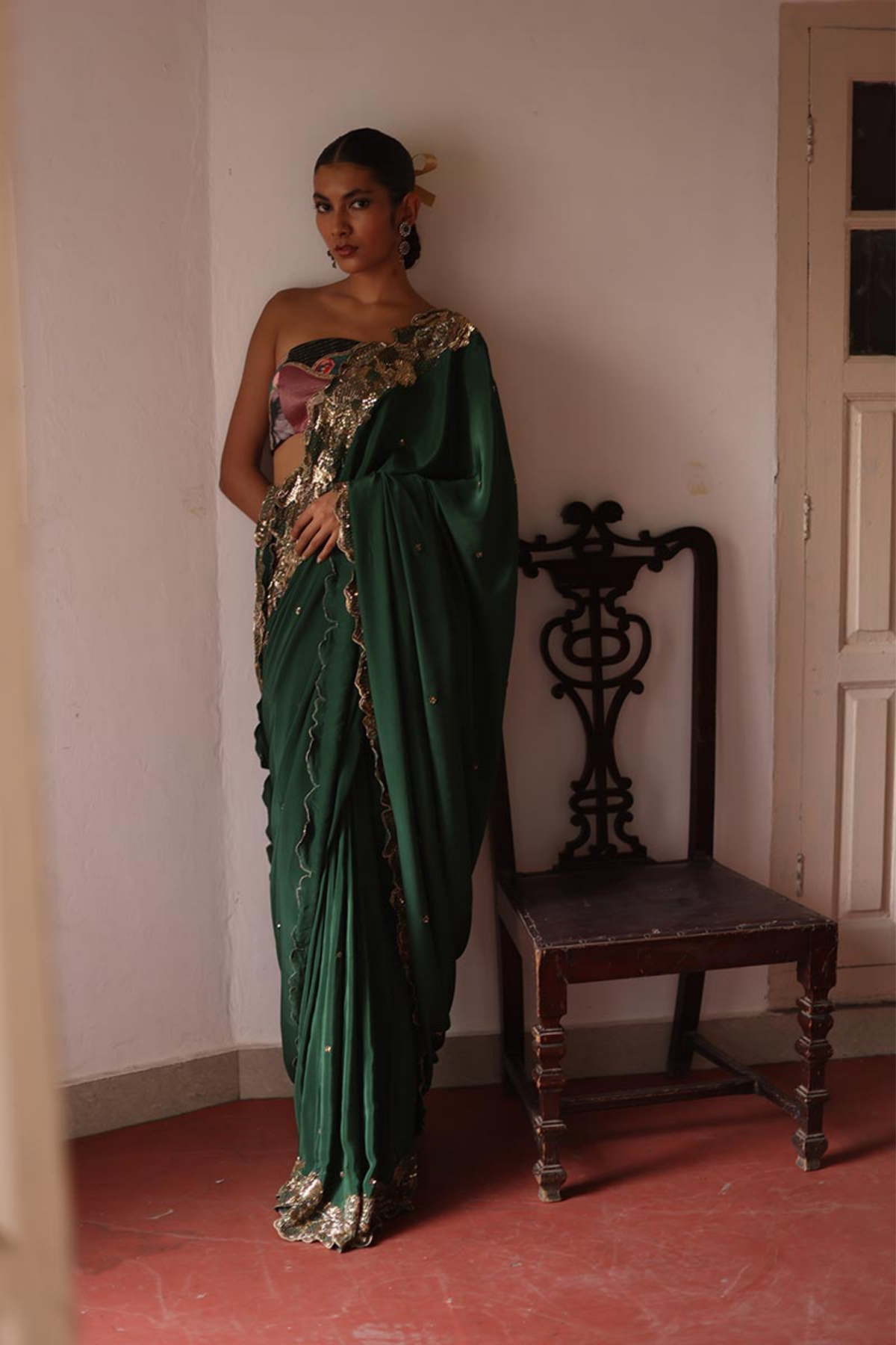 Verdant Saree With Patchwork Blouse