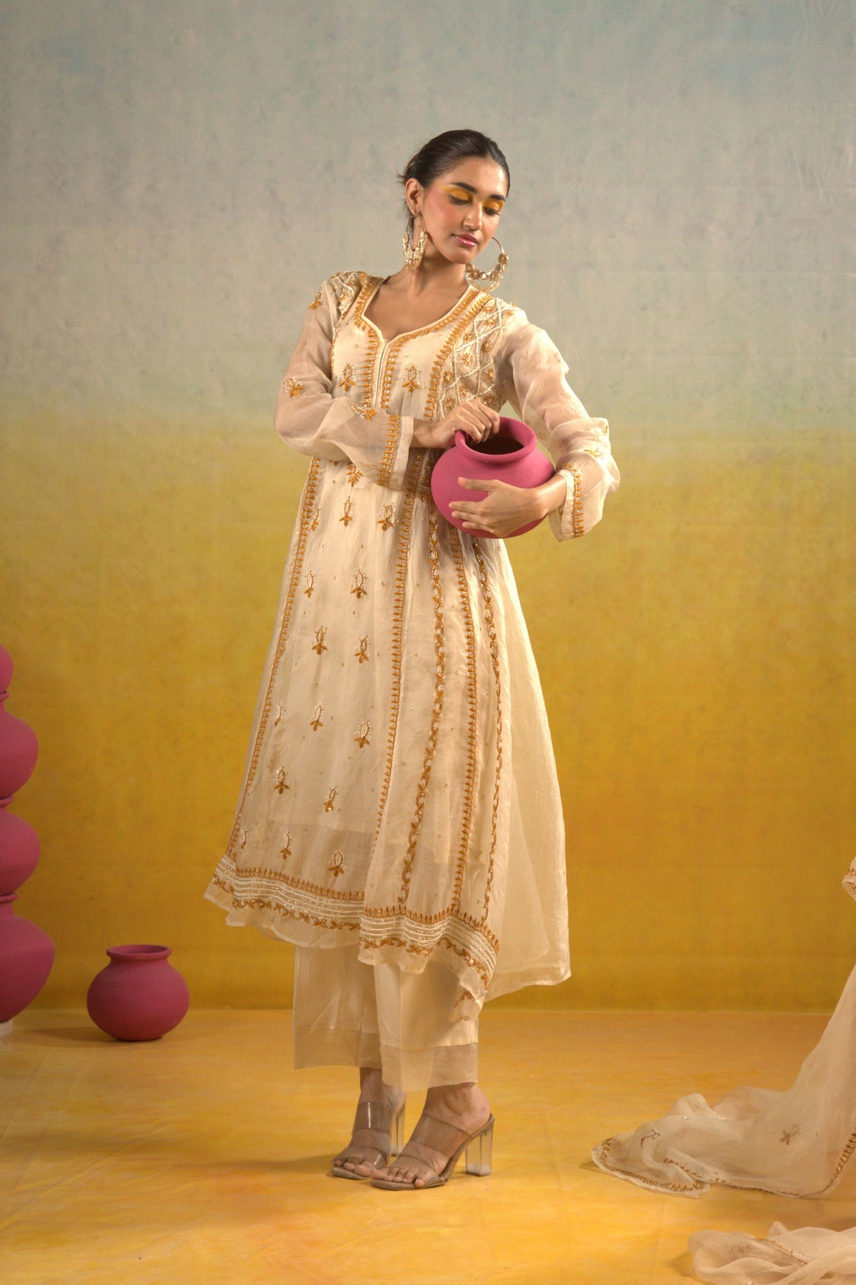 Ivory Chikankari Kalidar Set