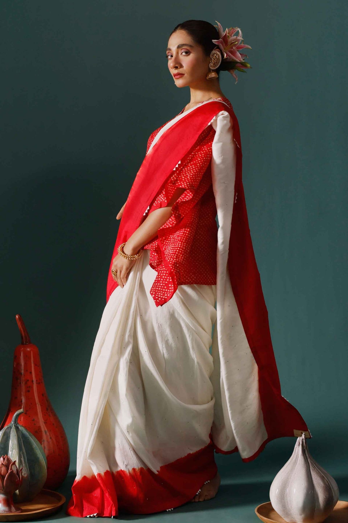 Red White Haze Saree Set
