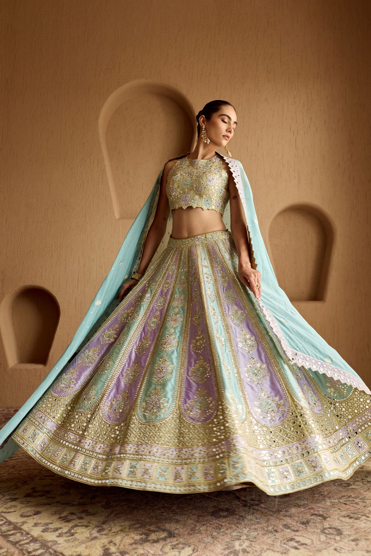 Lime Green Patch Tissue Lehenga Set