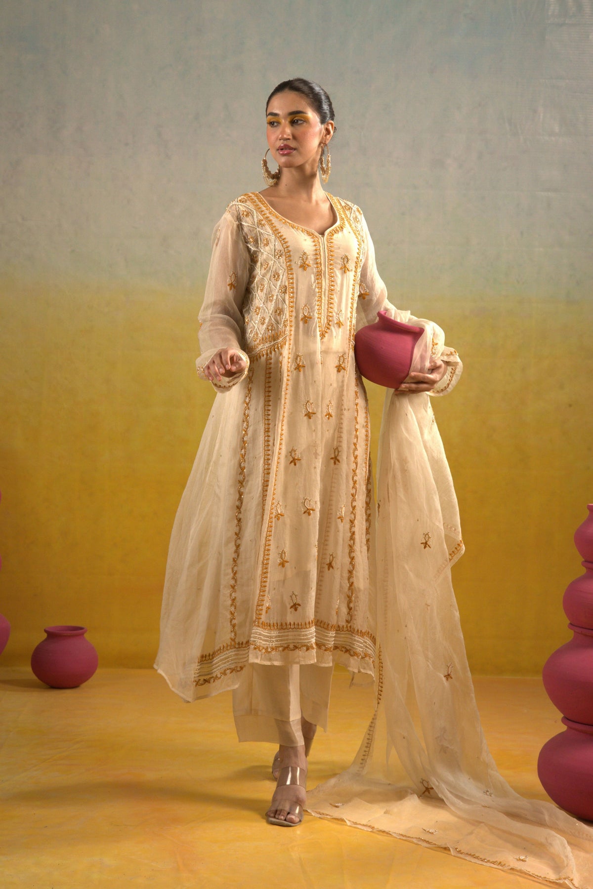 Ivory Chikankari Kalidar Set