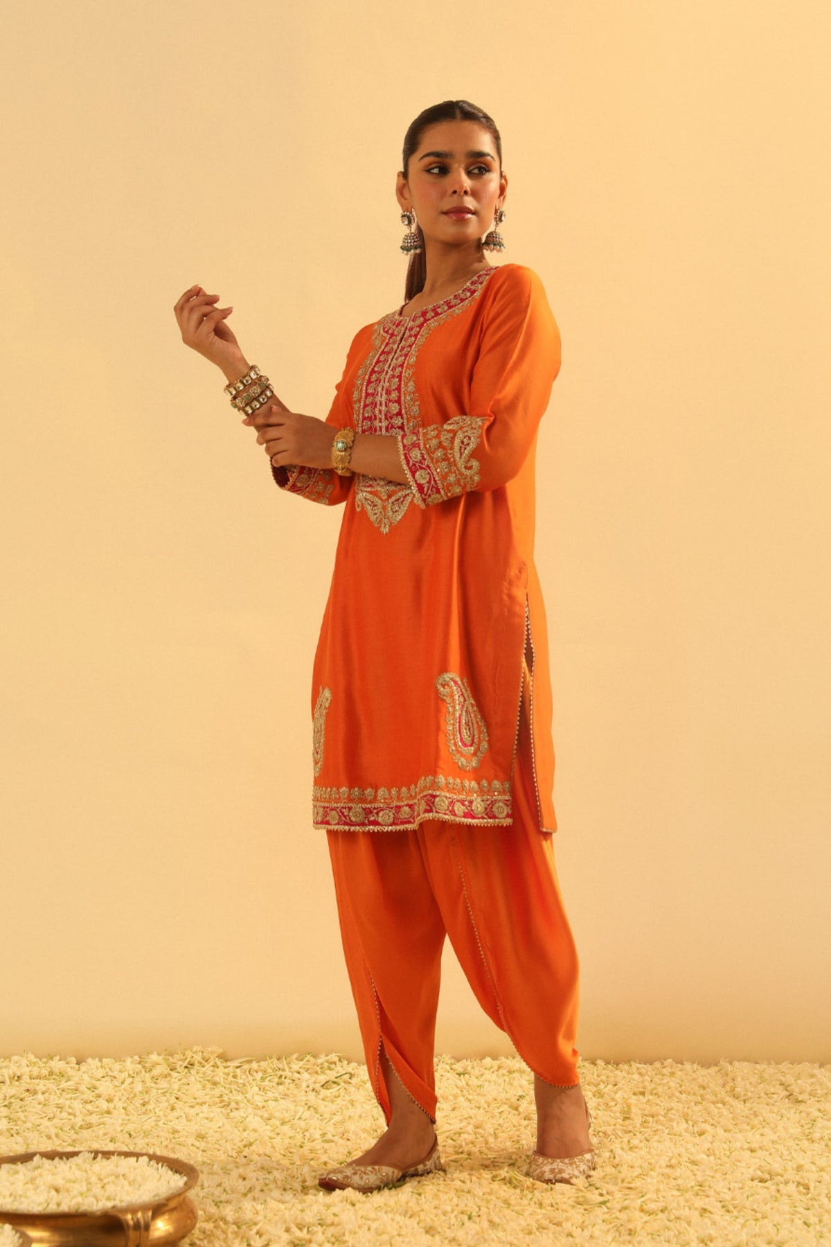 Anjum Short Orange Kurta With Dhoti