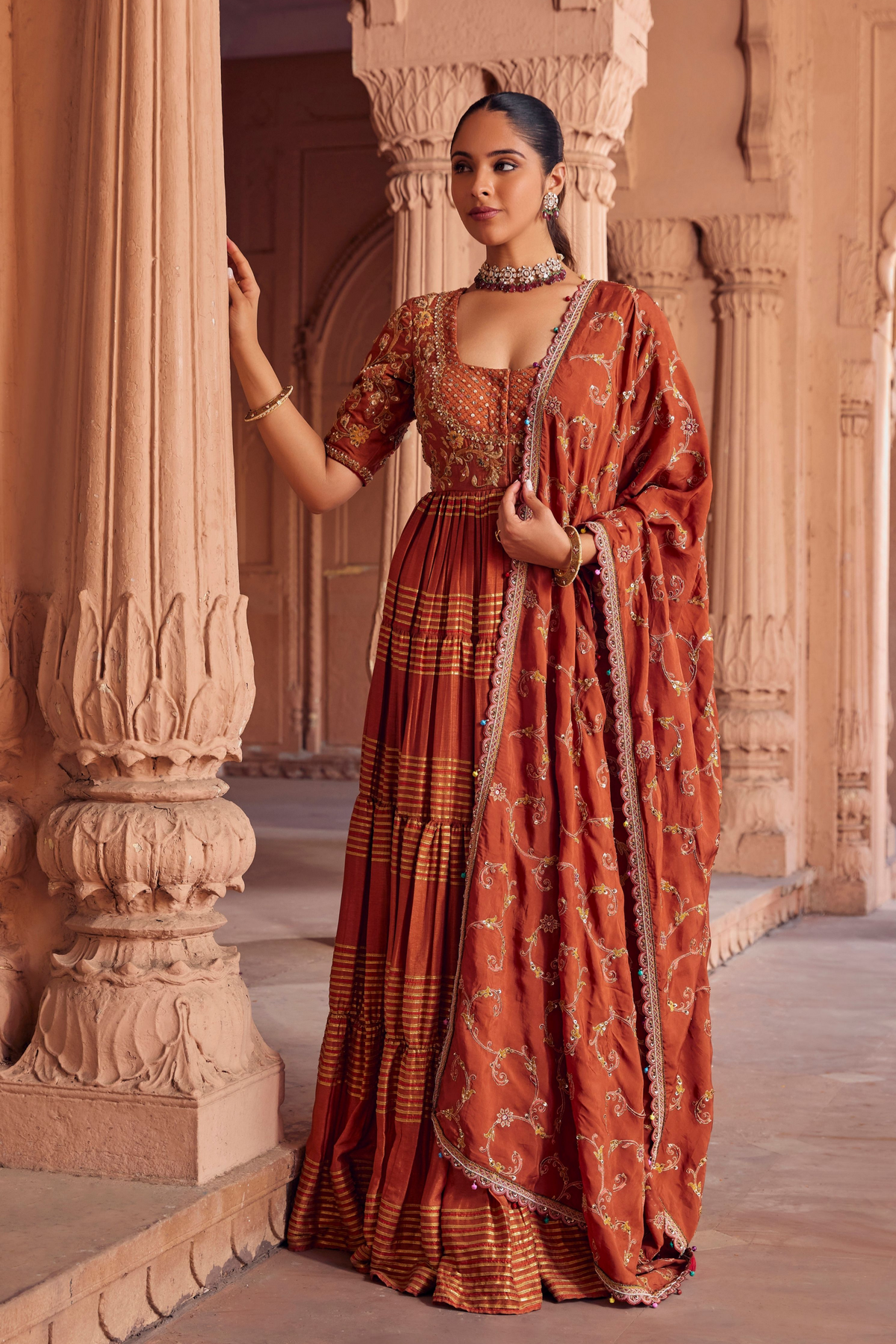 Ekta Rust Fine Silk Anarkali With Mughal Jaal