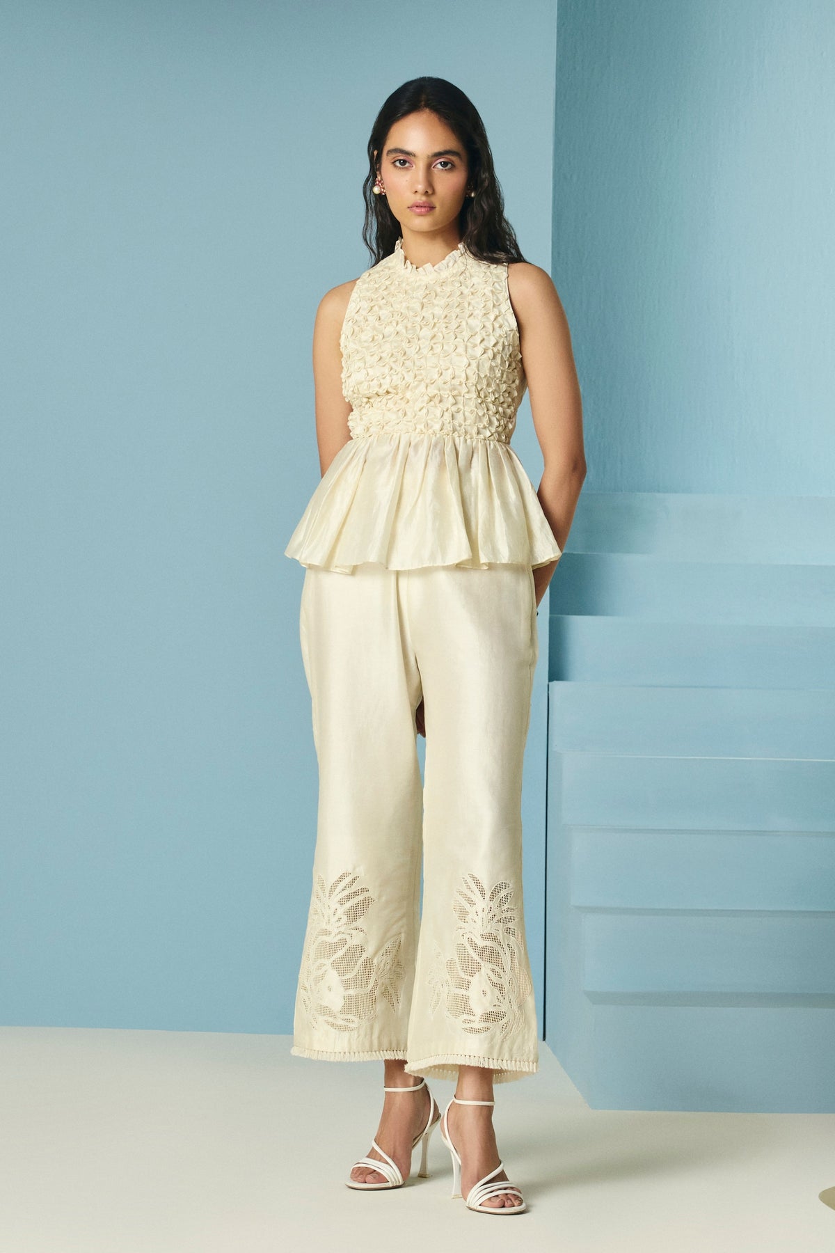 Ivory Checkered Applique Pants