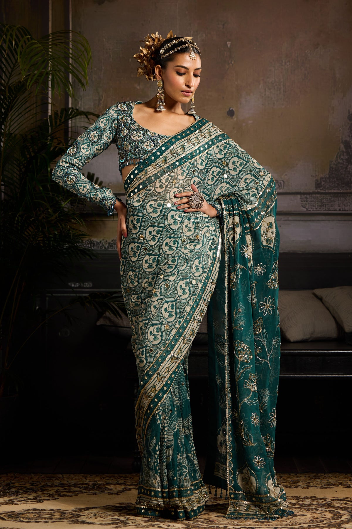 Teal Print Pre-stitched Saree