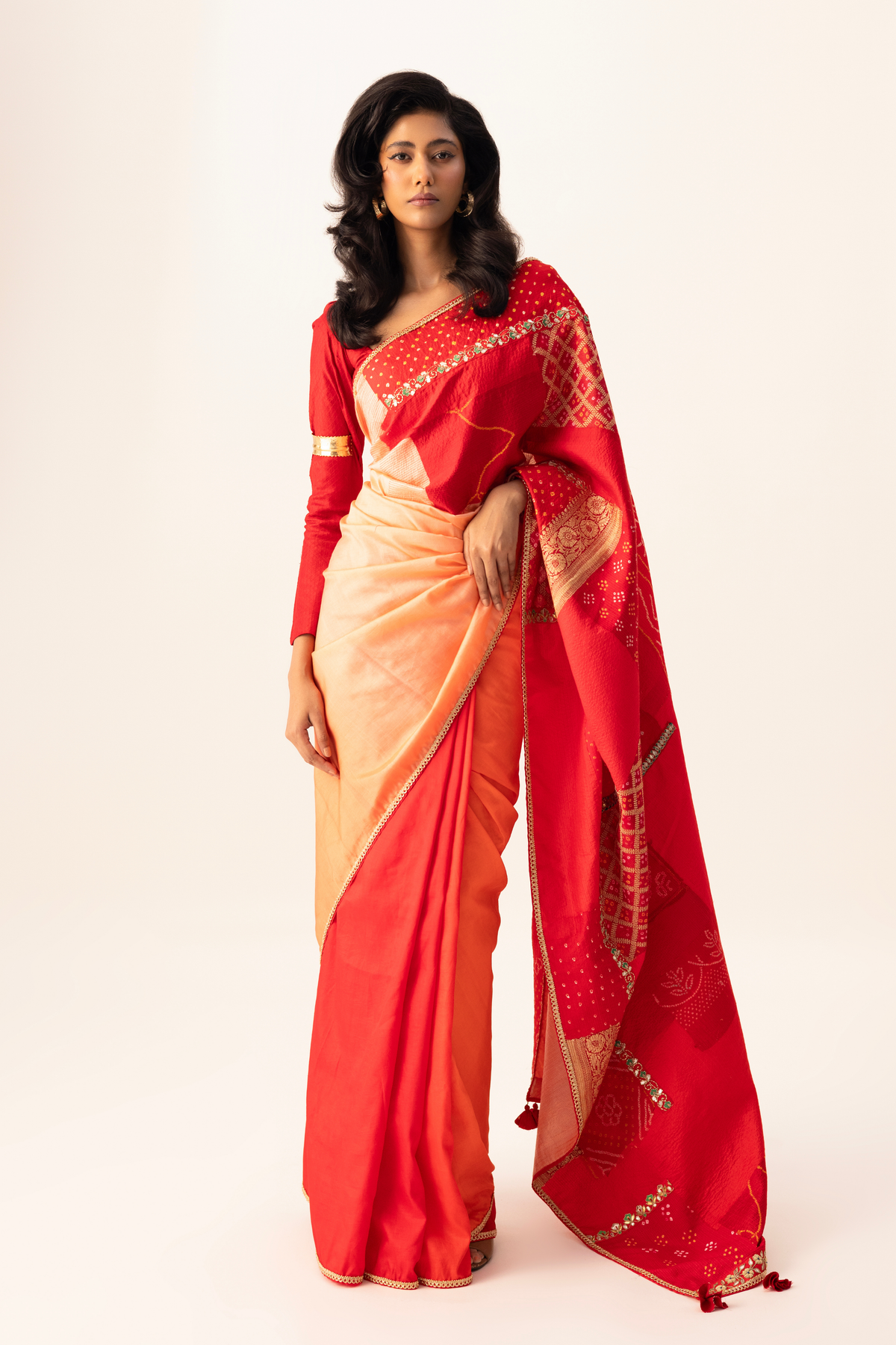 Red Bandhani Patchwork Saree set