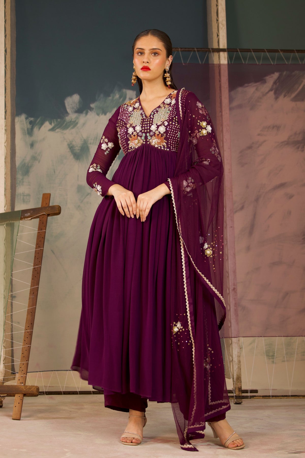 Deep Purple Anarkali Set