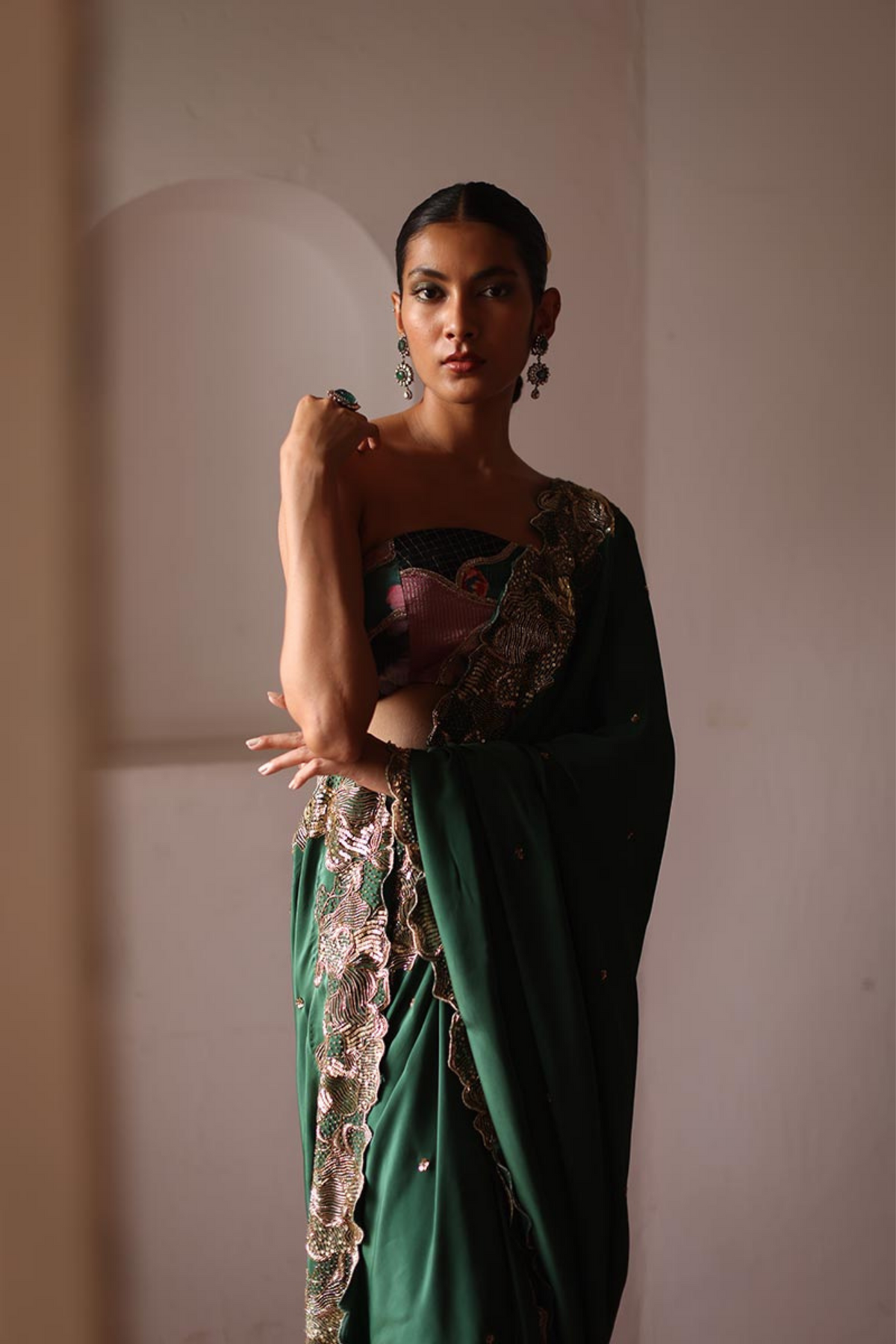 Verdant Saree With Patchwork Blouse