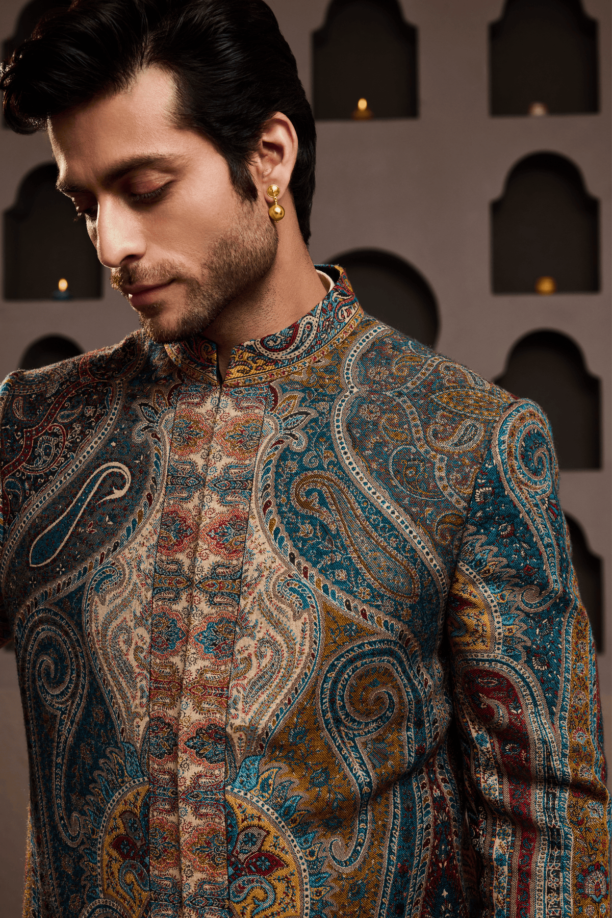 Jamawar Achkan Beige Kurta Set