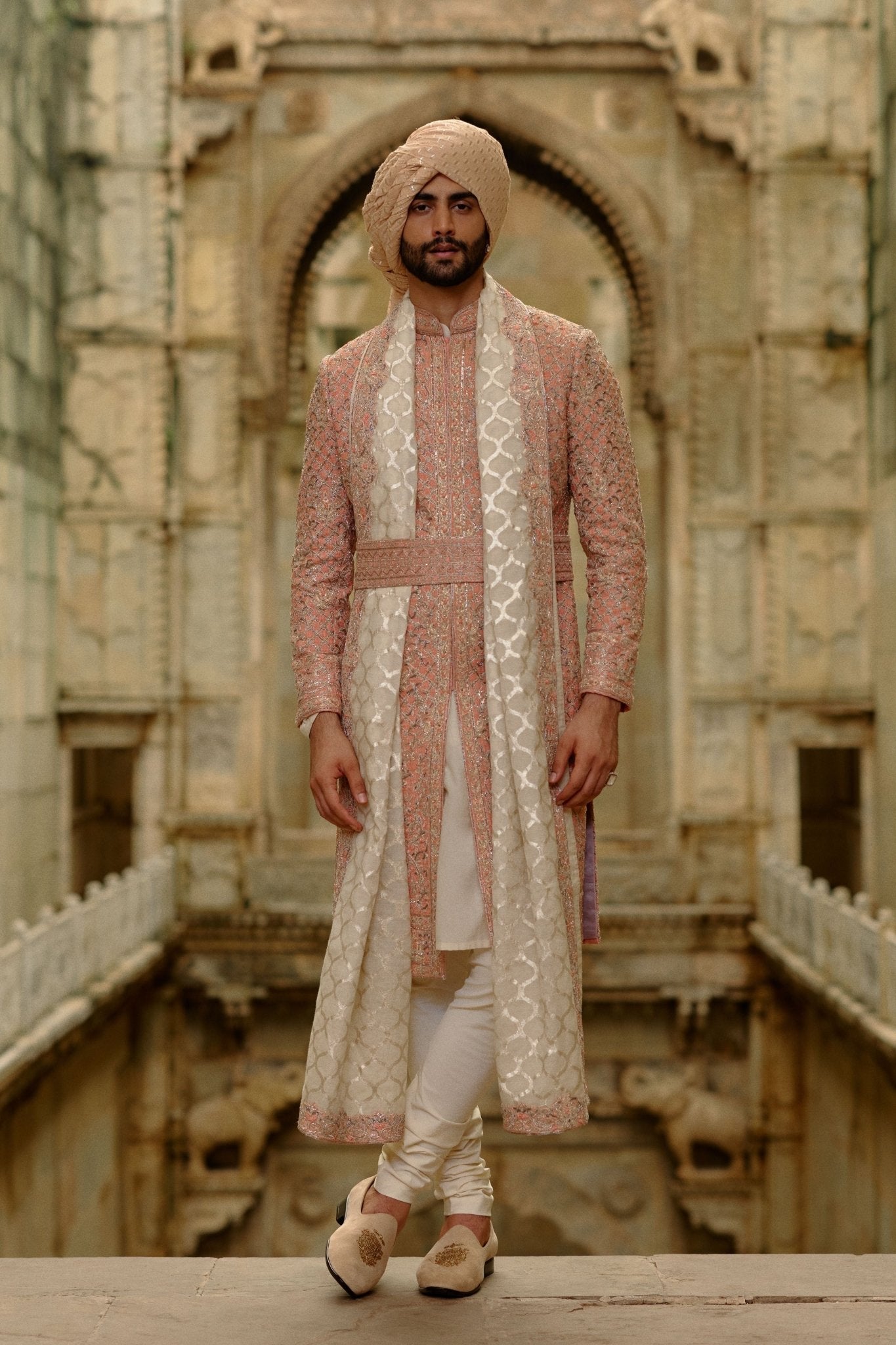 Pink Salmon Sherwani Set - Nitika Gujral Menswear - Elahe