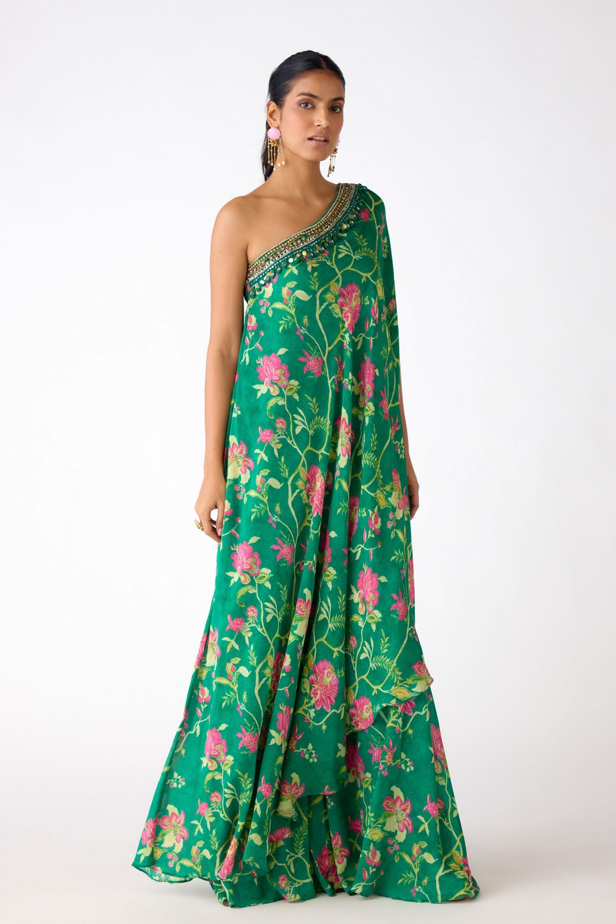 Green Floral Cape Set