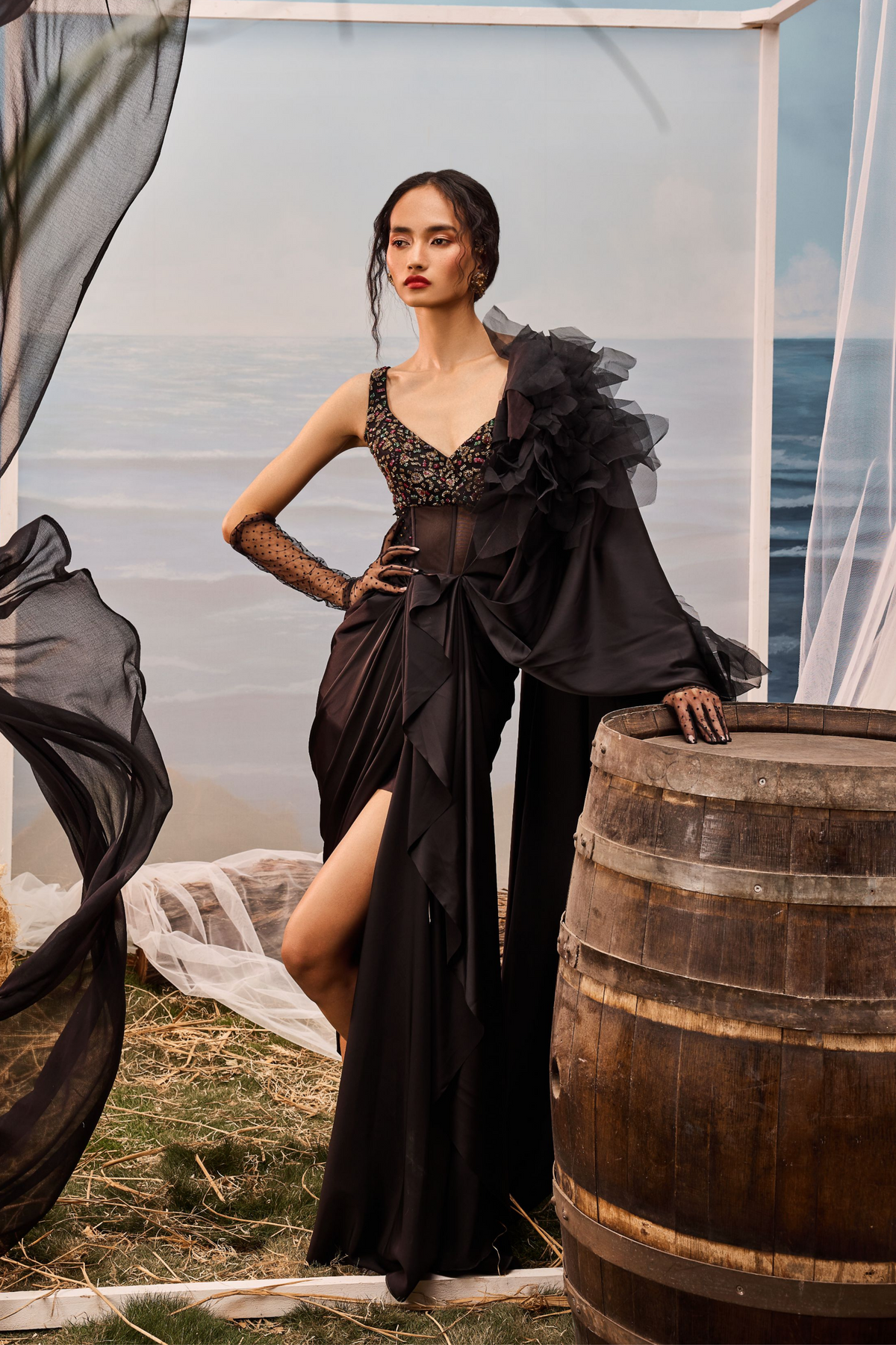 Black Satin Drape Sari Set
