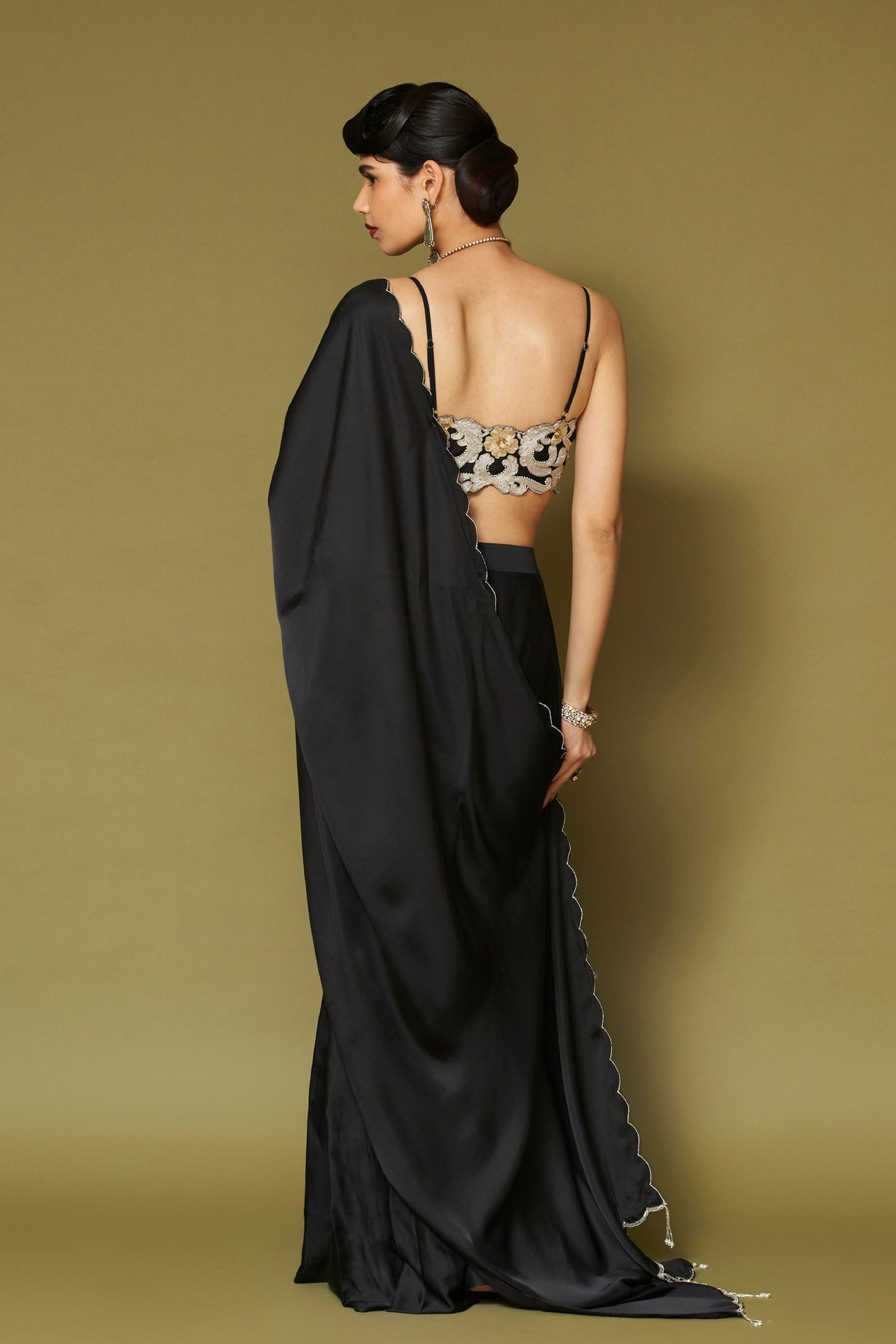 Black Embroidered Pre-draped Saree Set