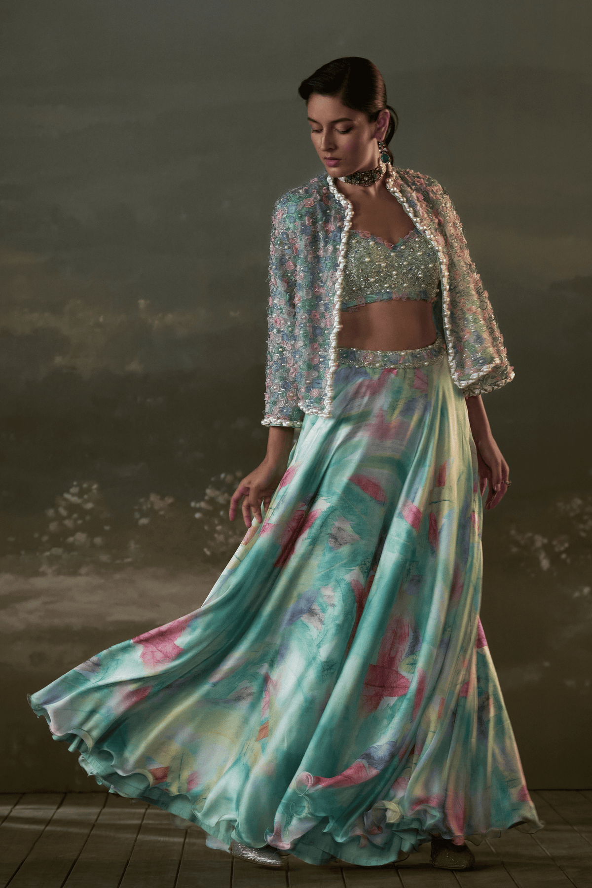 Turquoise Lehenga Paired With Jacket