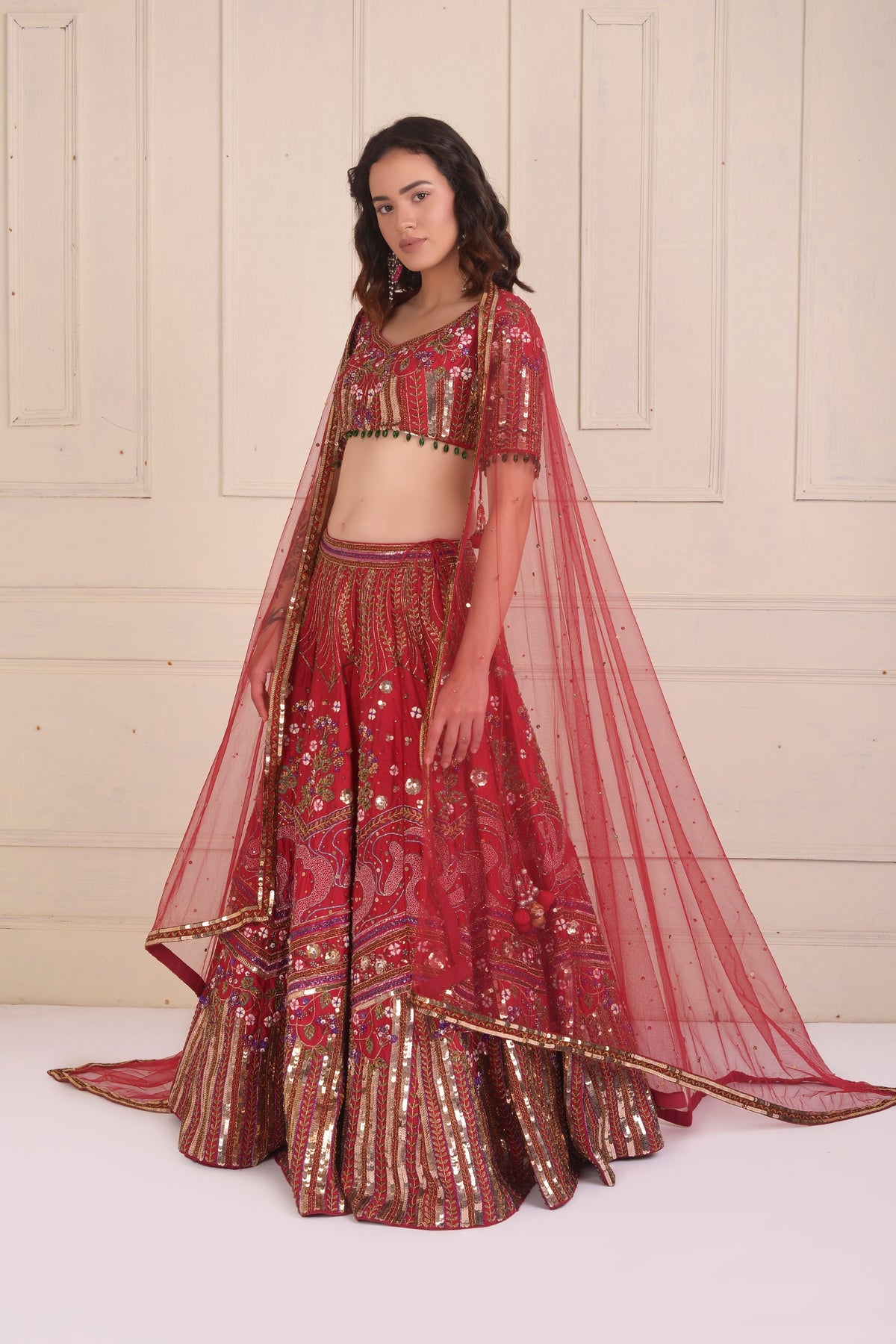 Embroidered Raspberry Lehenga Set