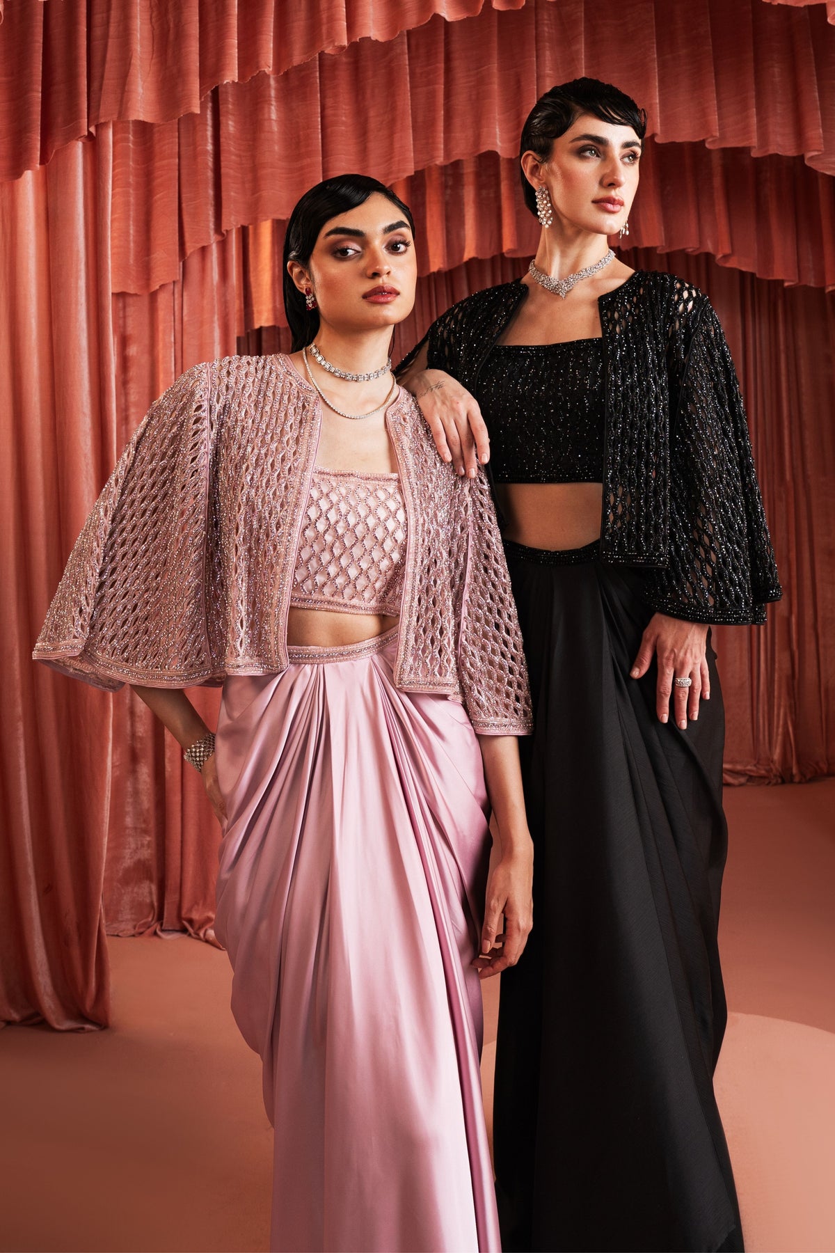 Pink Embroidered Cape Set