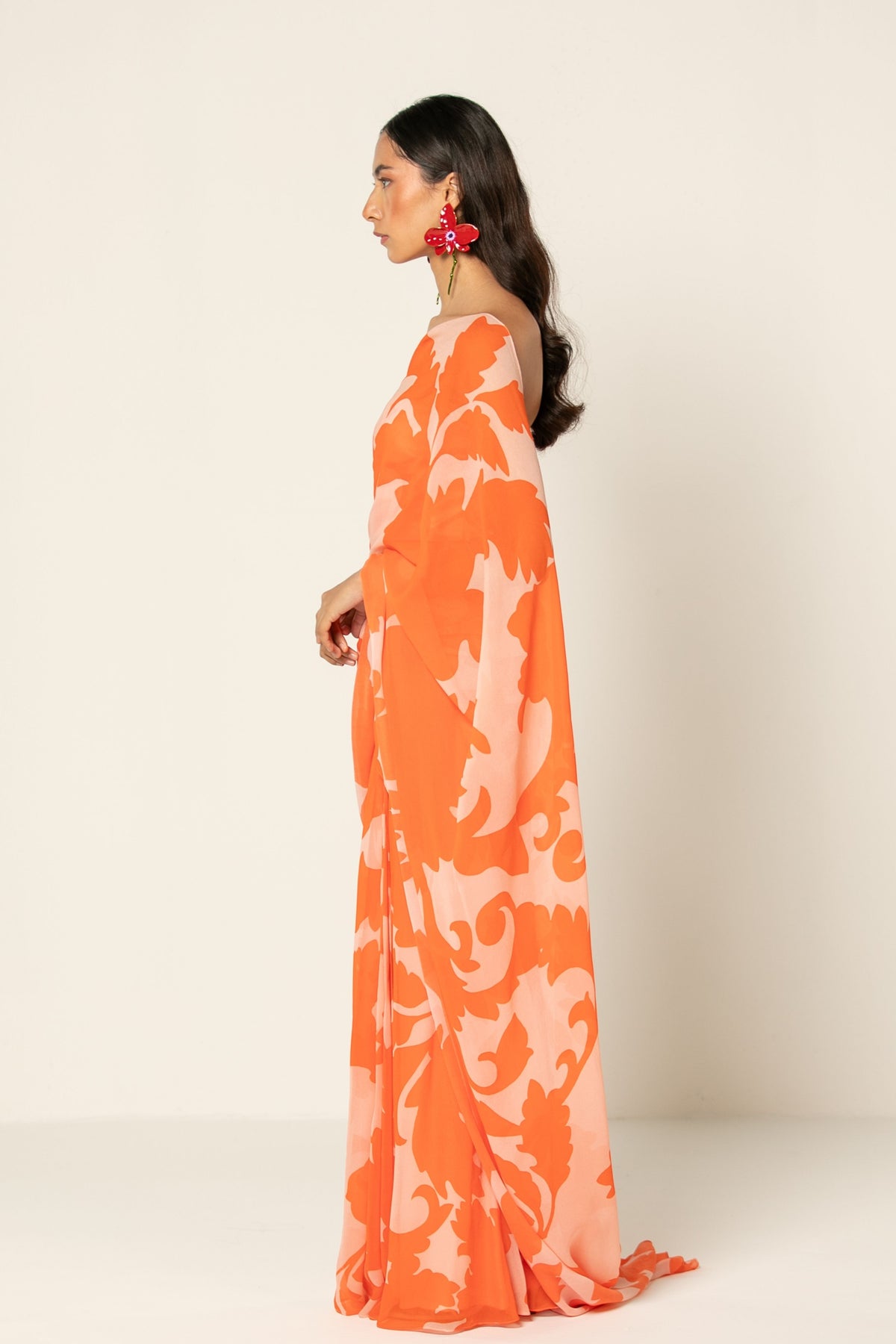 Neon Orange Pre Draped Saree Set