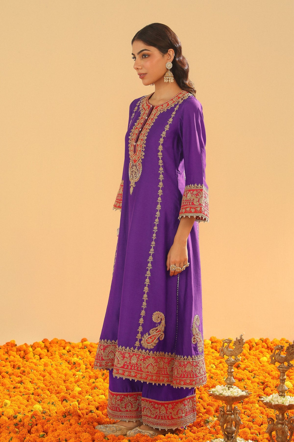 Purple A-line Kurta Set