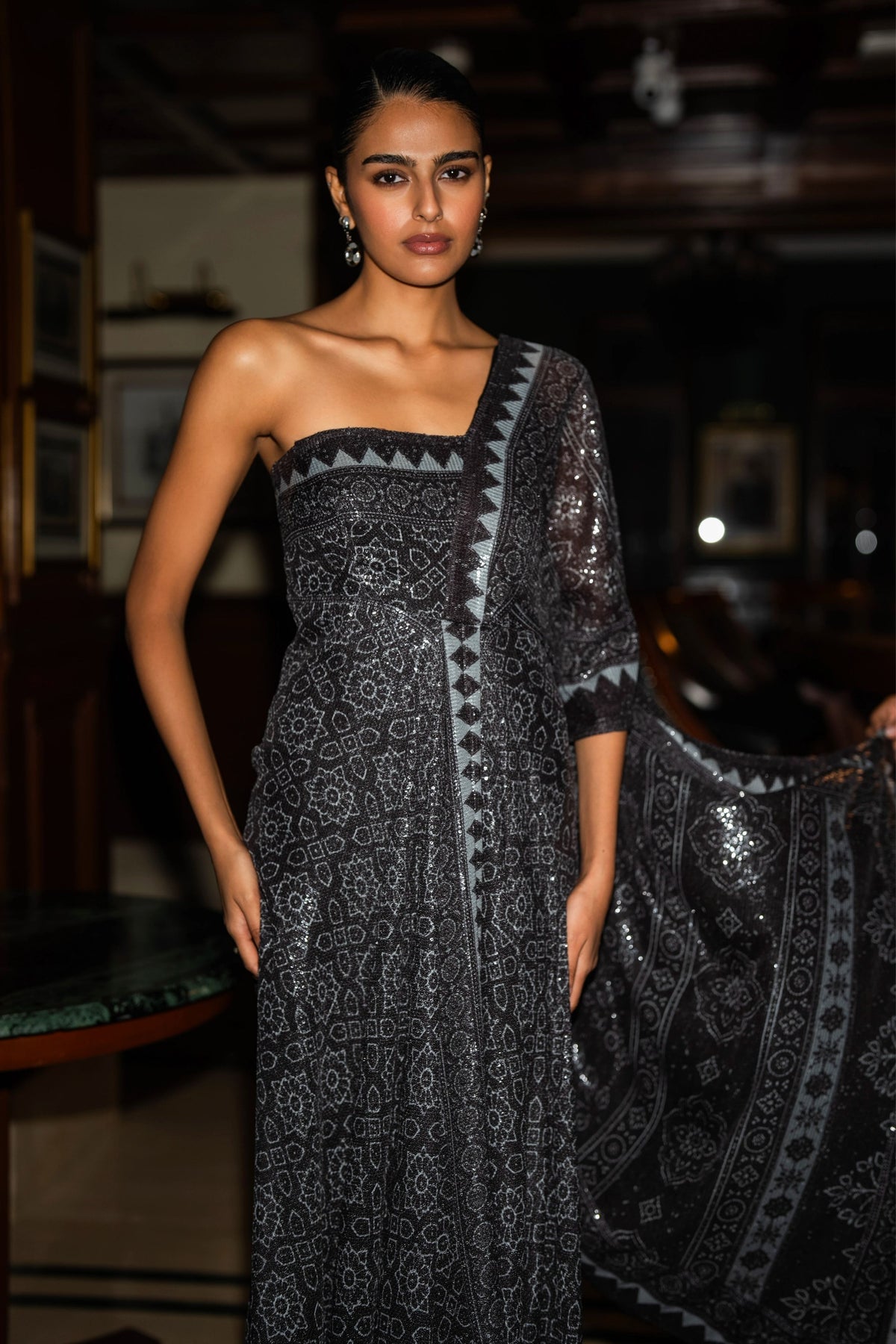 Monochrome Saree Drape Gown