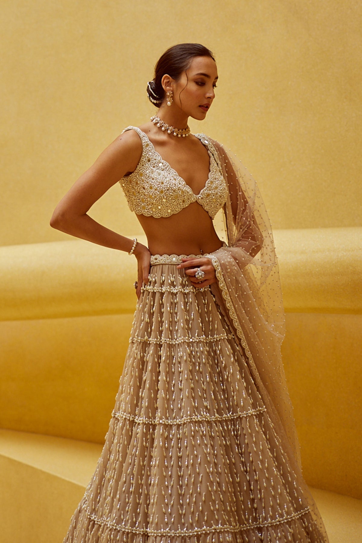 Light Beige Multi Tier Lehenga Set