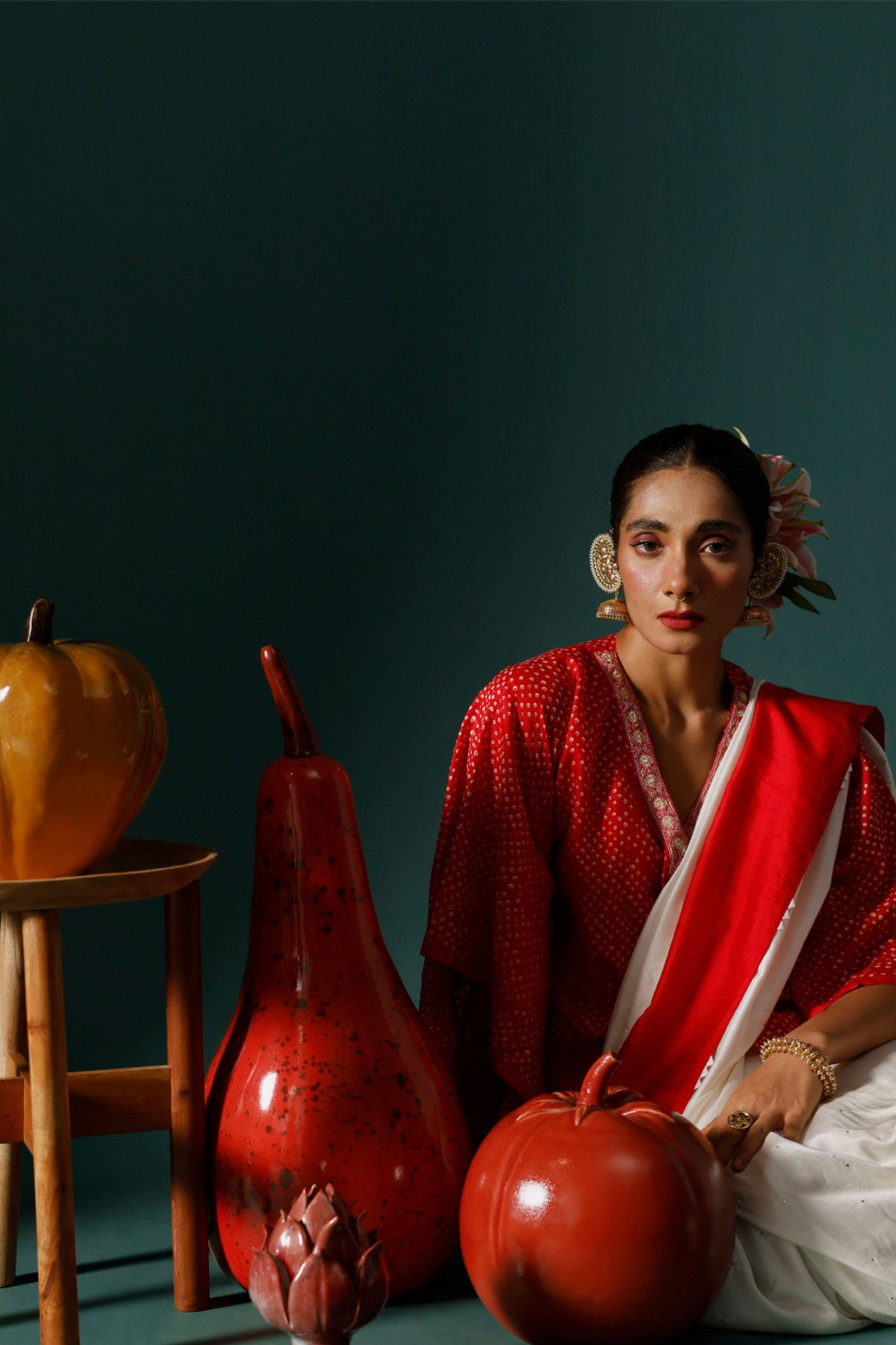 Red White Haze Saree Set