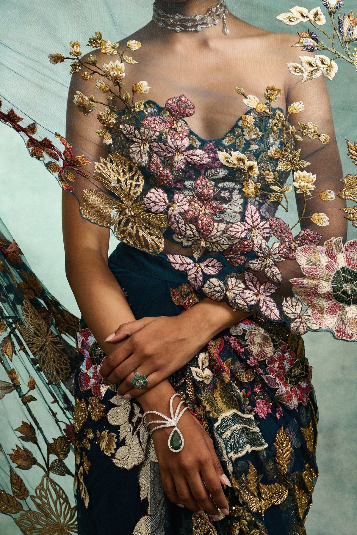 Ethereal Bloom Navy Blue Trail Saree