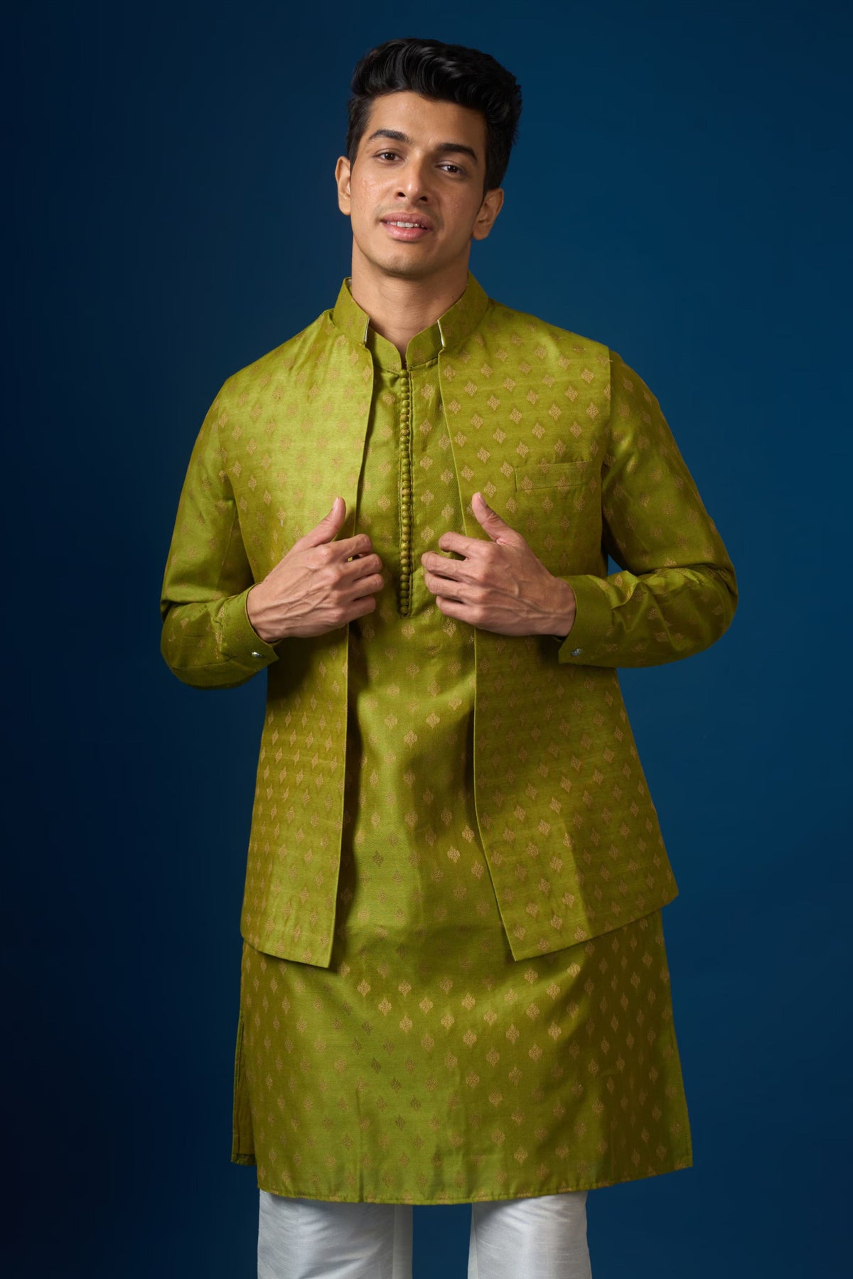 Olive Brocade Kurta-bundi Set
