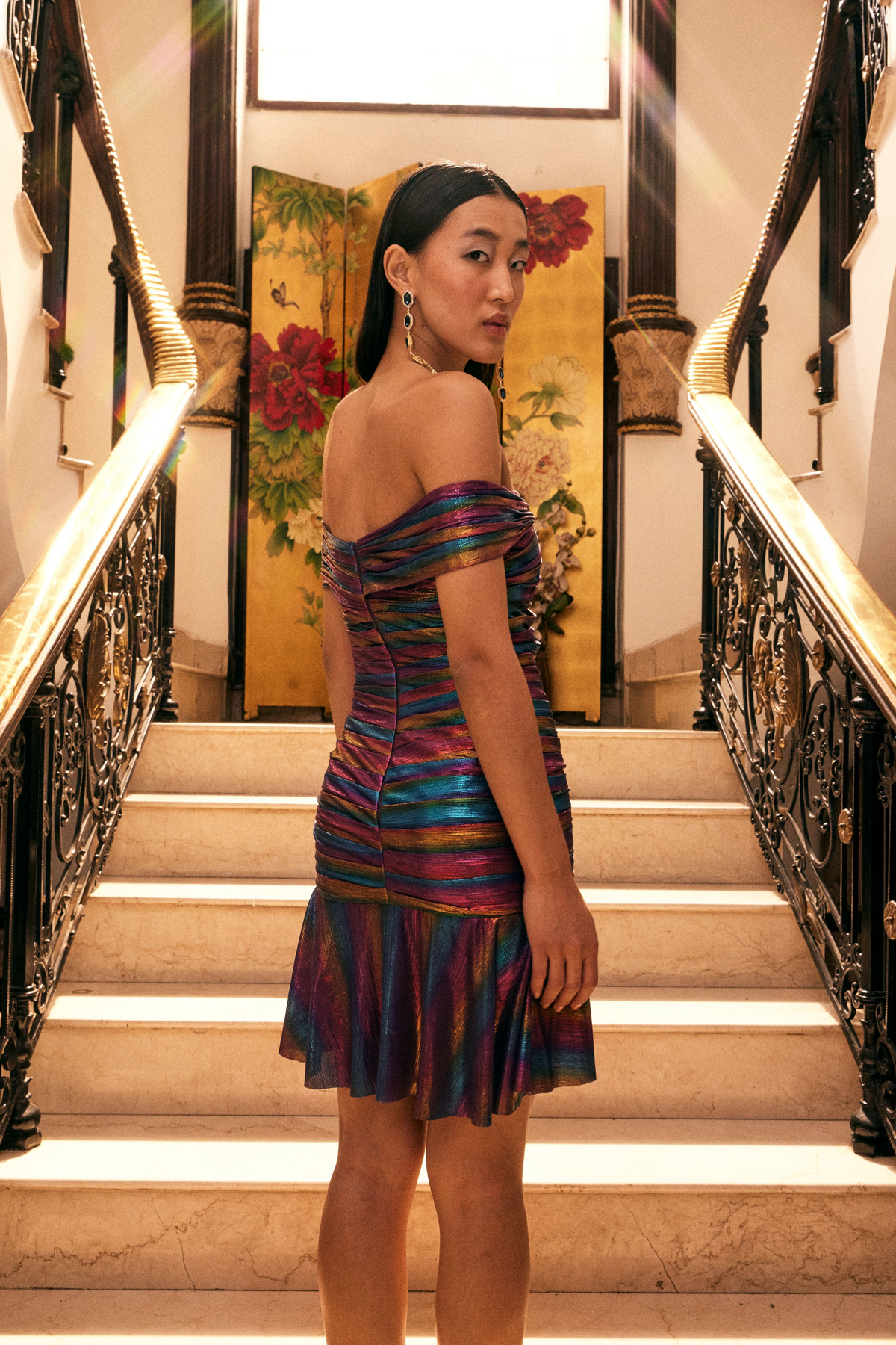Purple Metallic Jersey Off-shoulder Dress