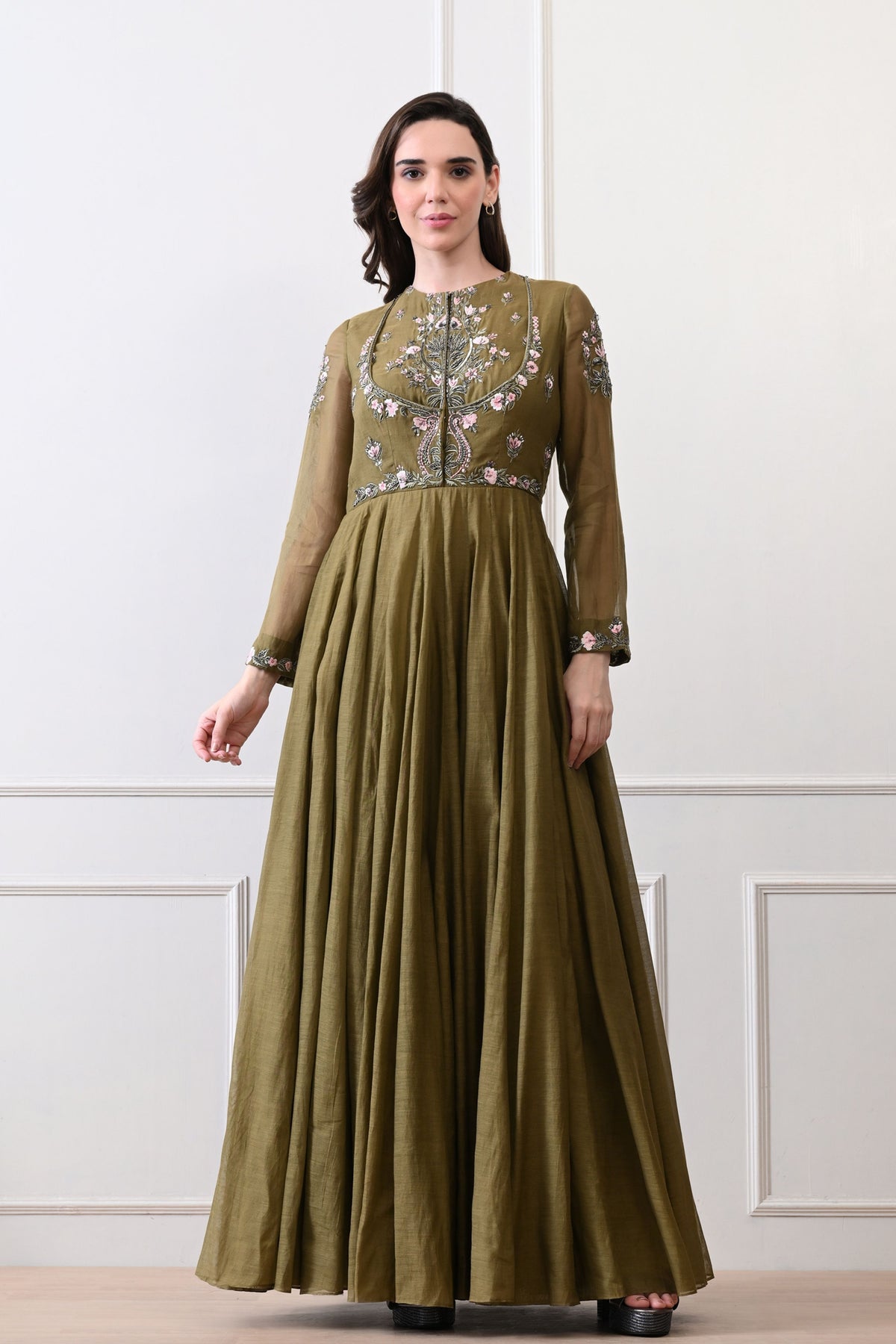 Olive Floral Embroidered Anarkali