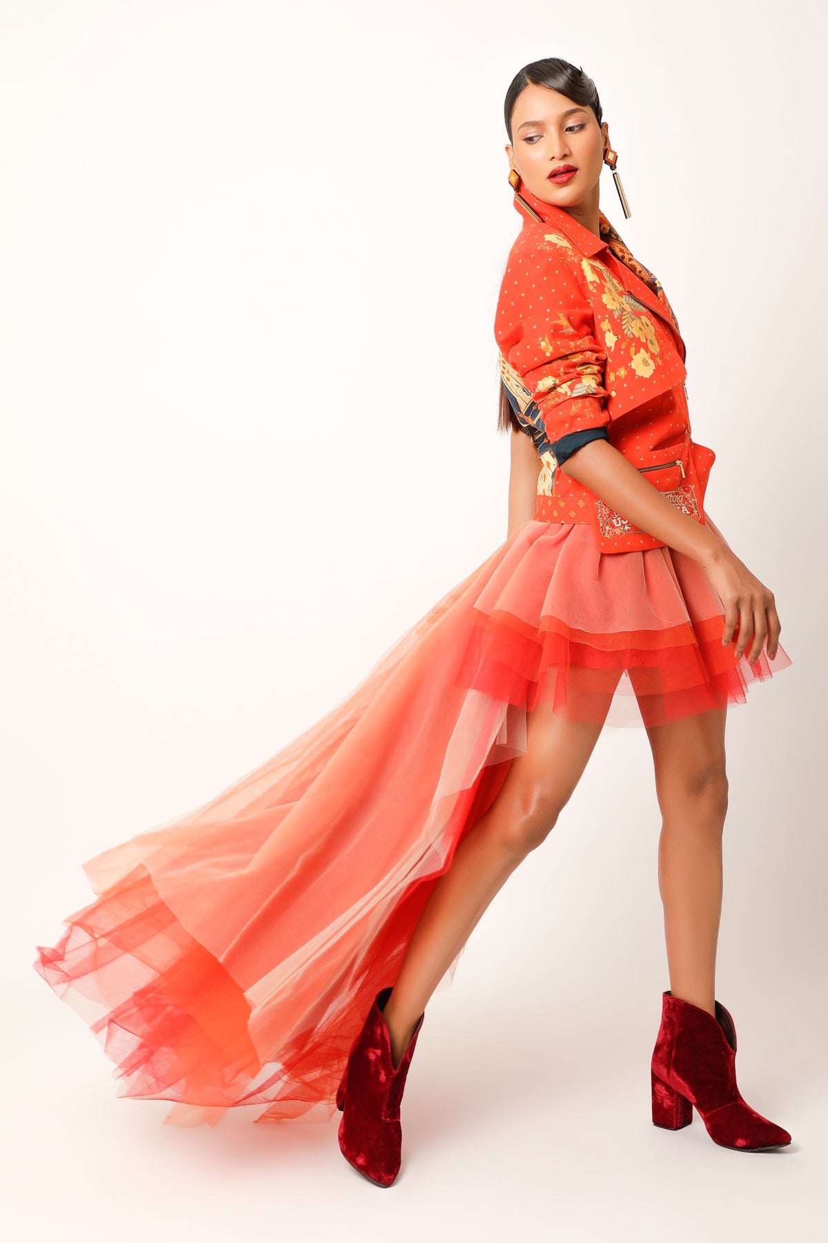 Printed Orange Biker Jacket