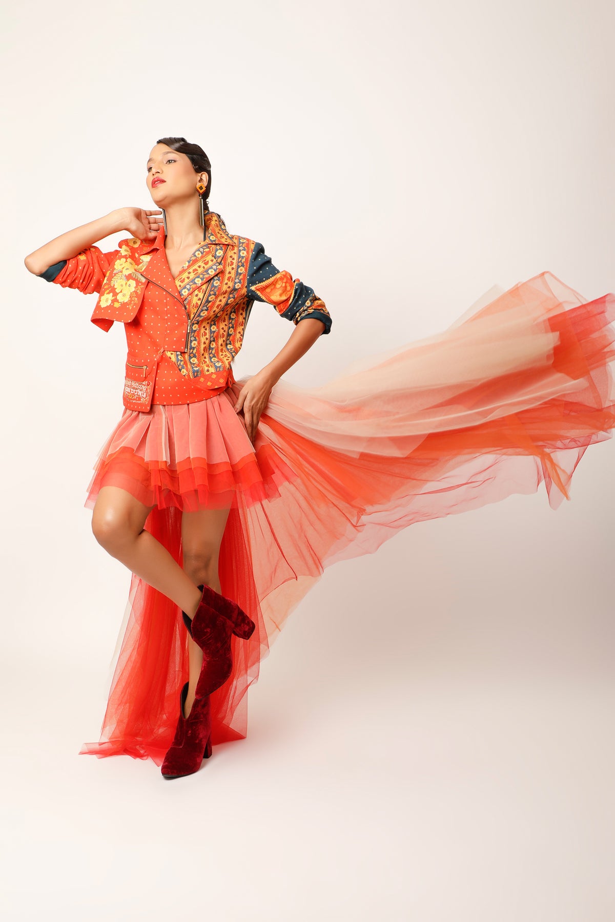 Printed Orange Biker Jacket