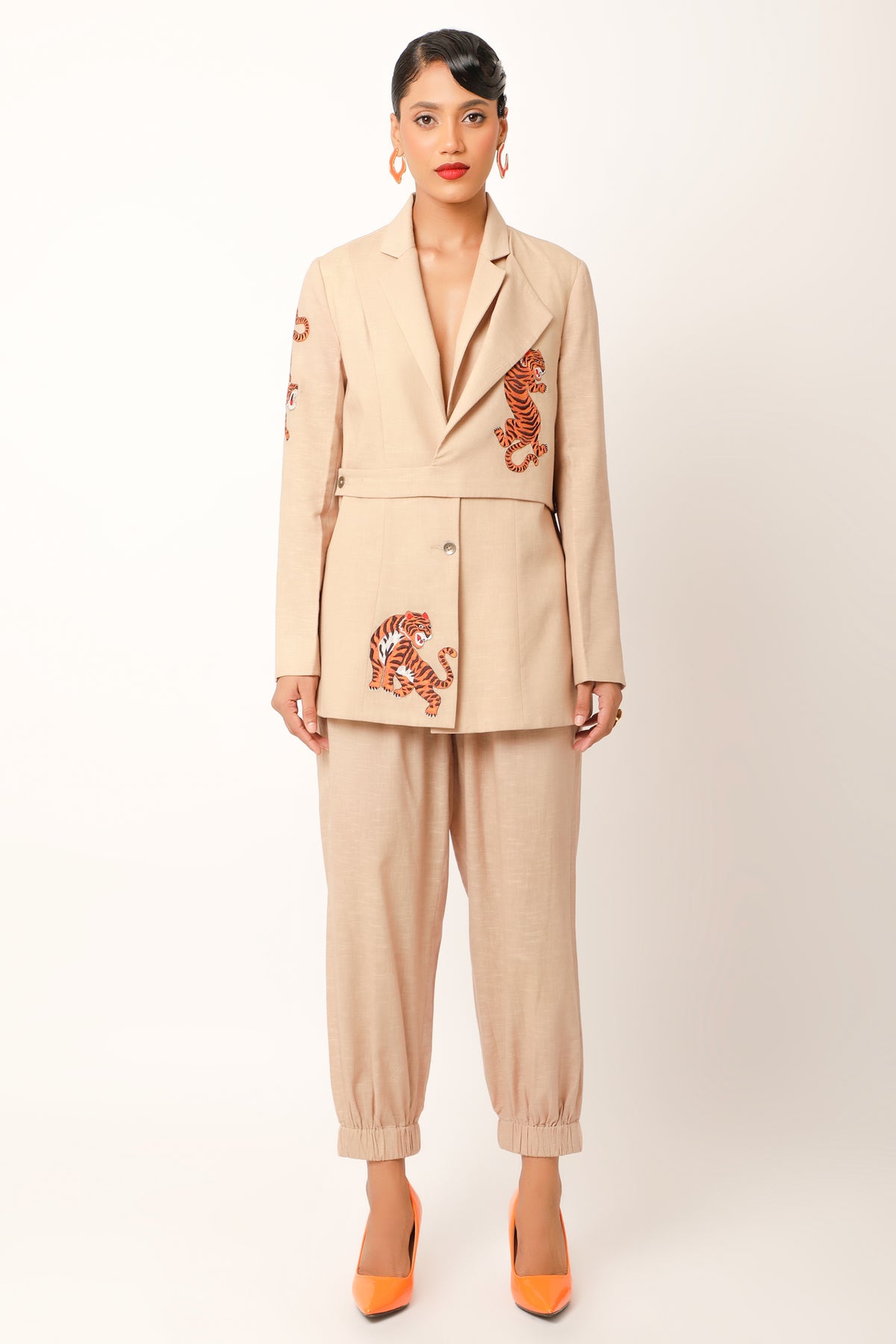 Beige Embroidered Jacket Set