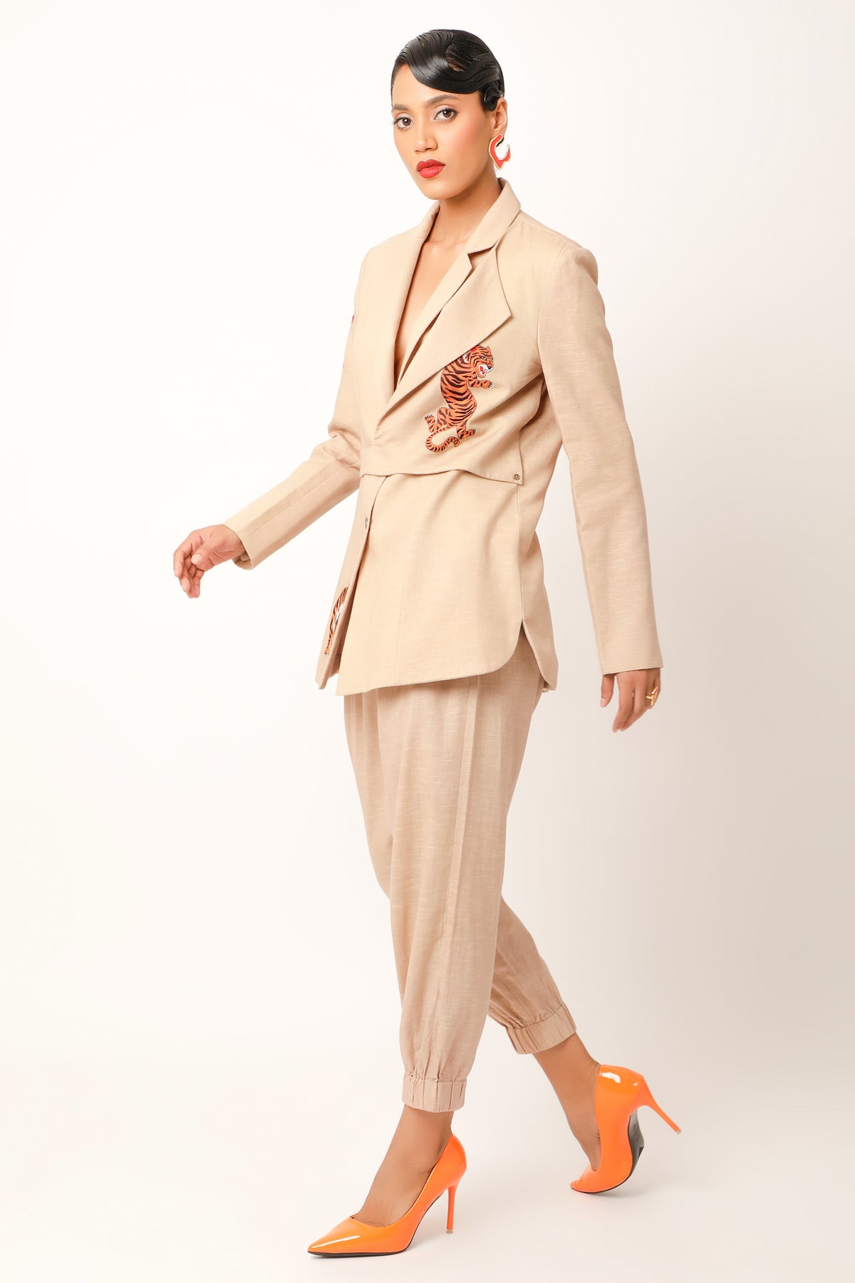 Beige Embroidered Jacket Set