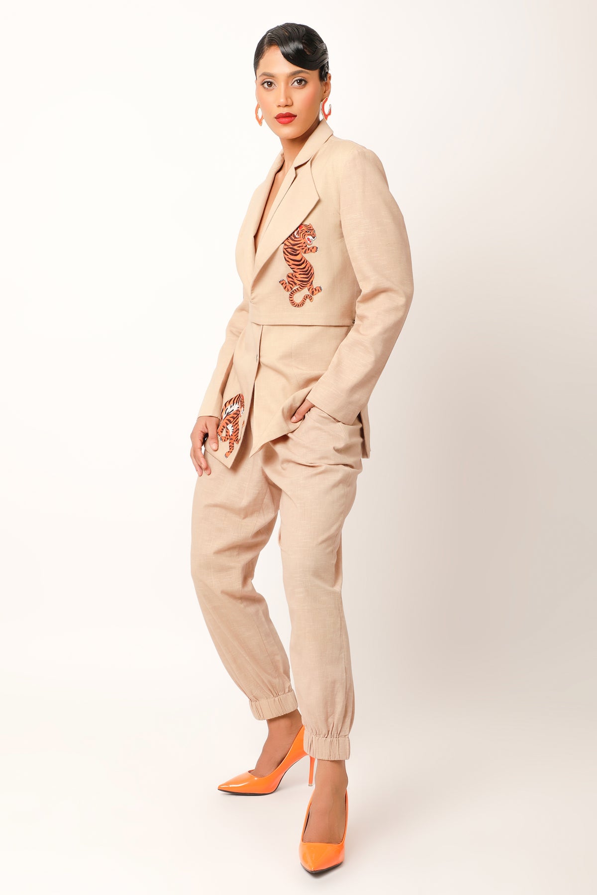 Beige Embroidered Jacket Set