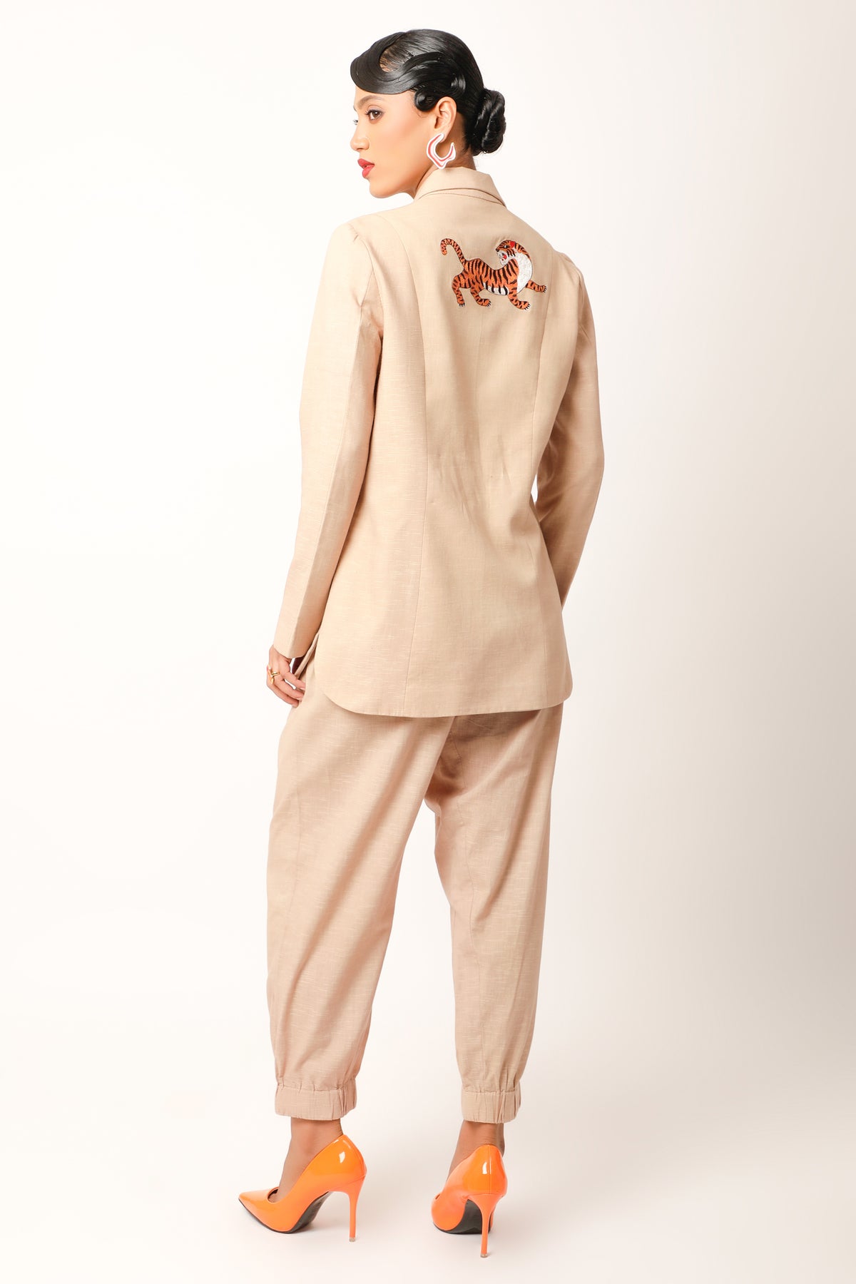Beige Embroidered Jacket Set