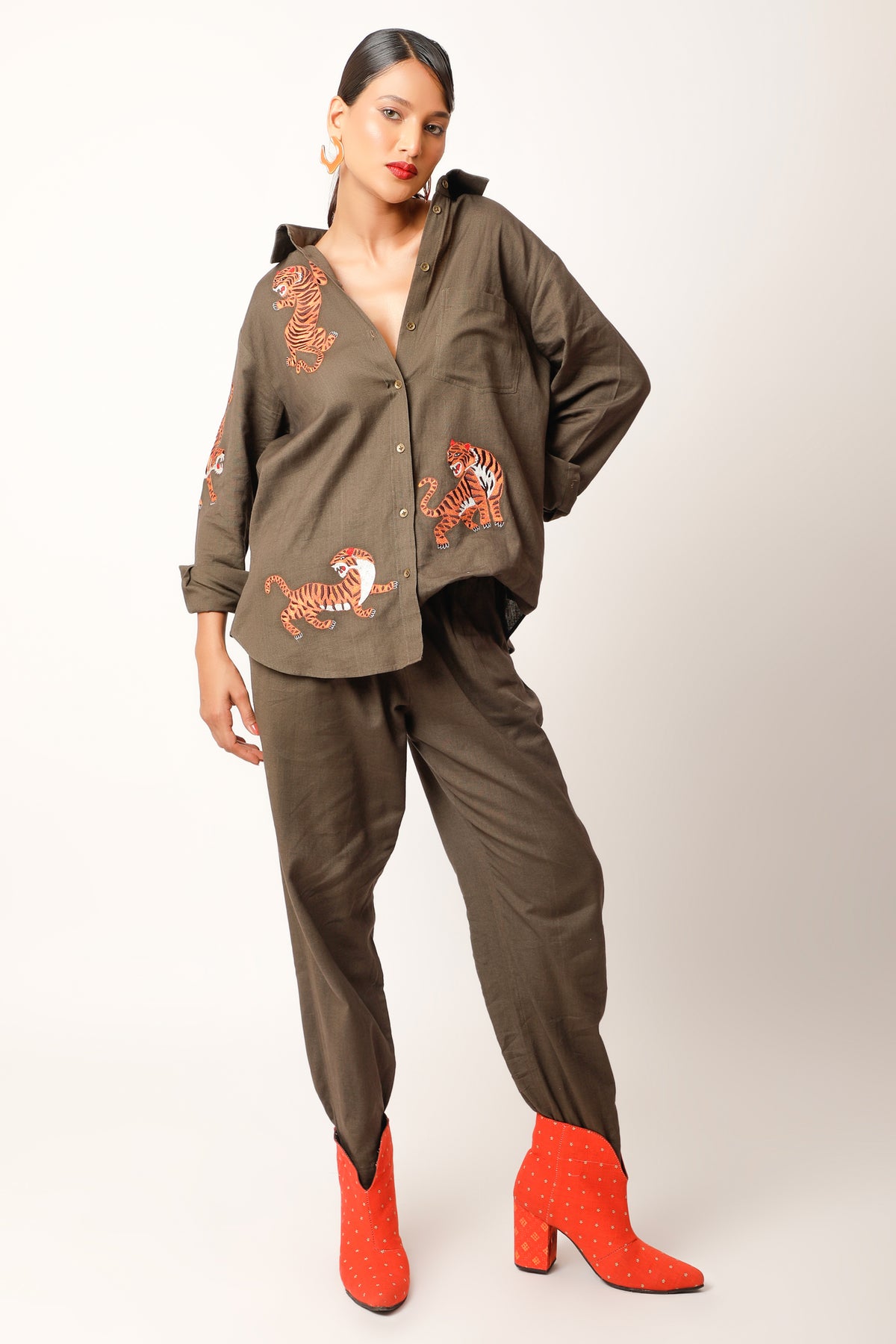 Tiger Embroidered Chocolate Co-ord Set