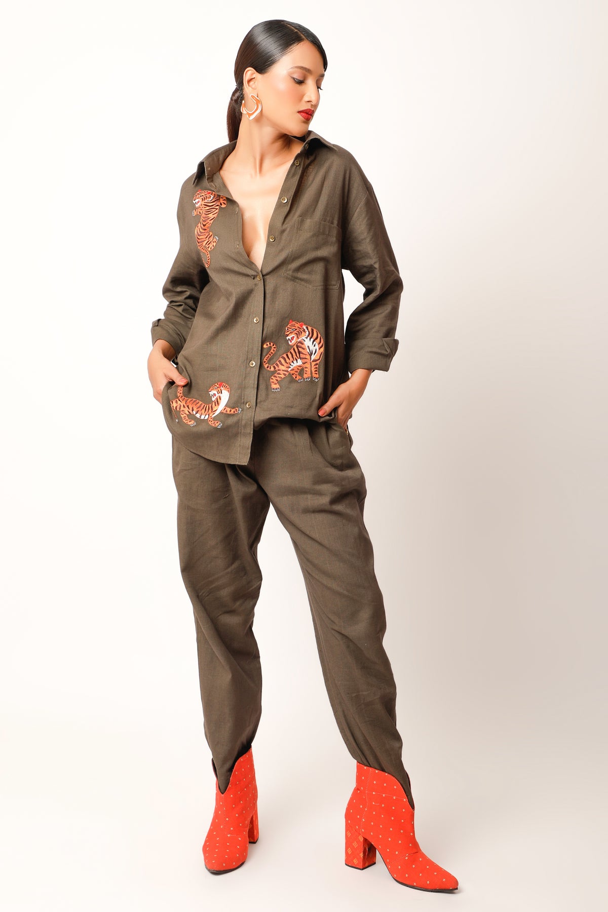 Tiger Embroidered Chocolate Co-ord Set