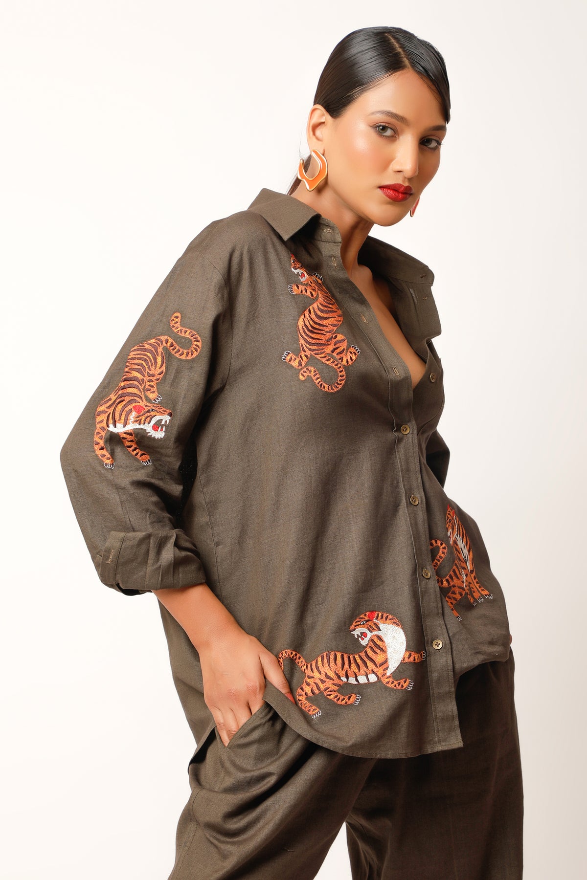 Tiger Embroidered Chocolate Co-ord Set