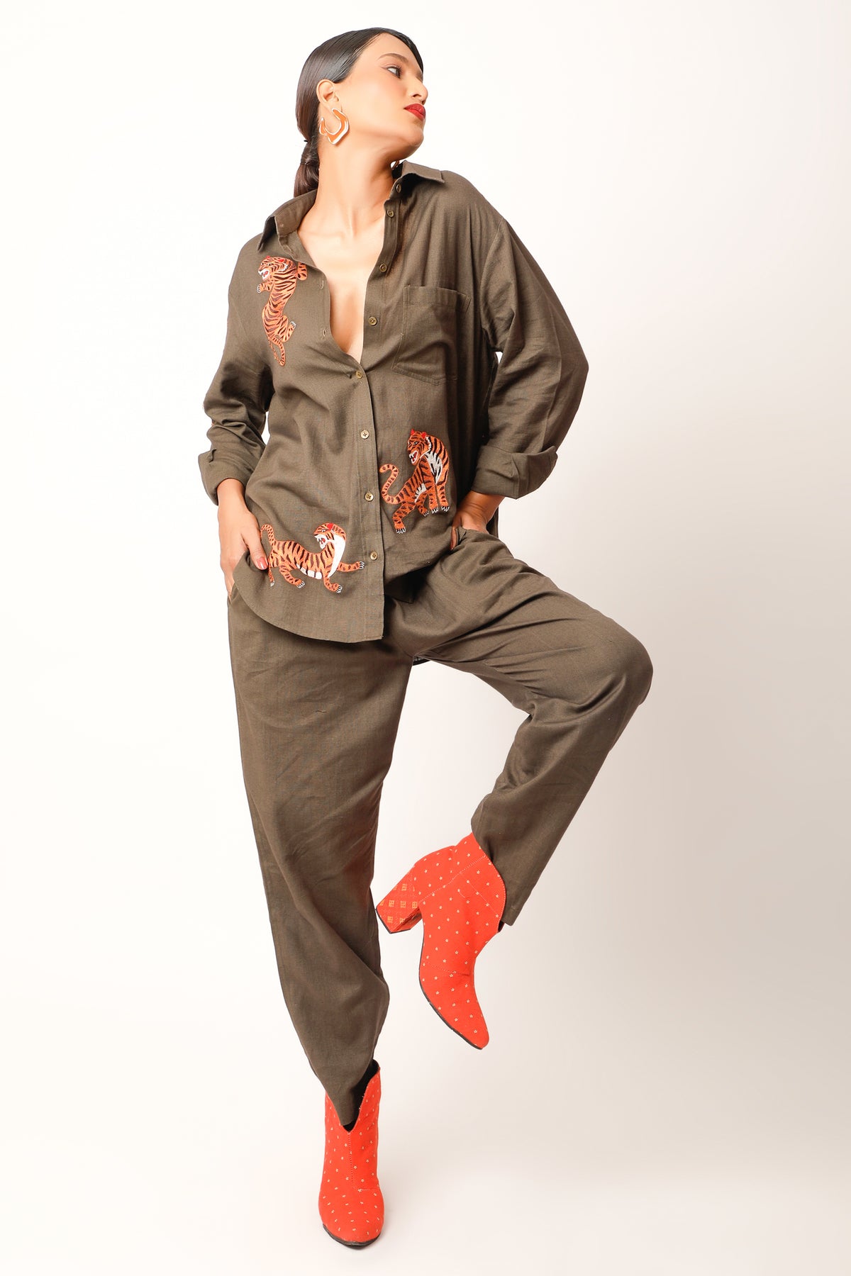 Tiger Embroidered Chocolate Co-ord Set