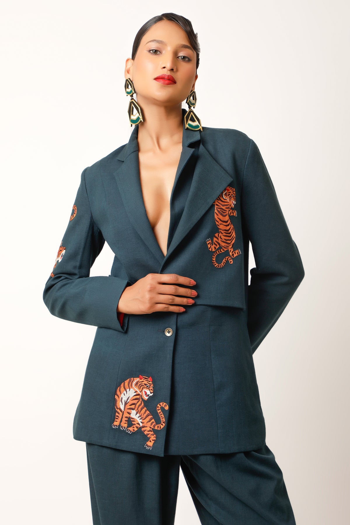 Midnight Blue Embroidered Jacket Set