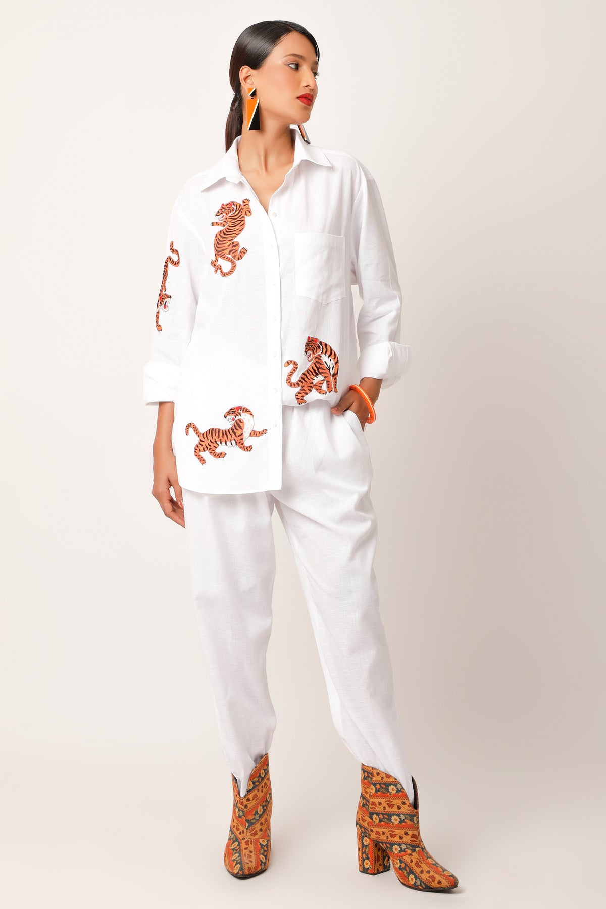 Tiger Embroidered Ivory Co-ord Set