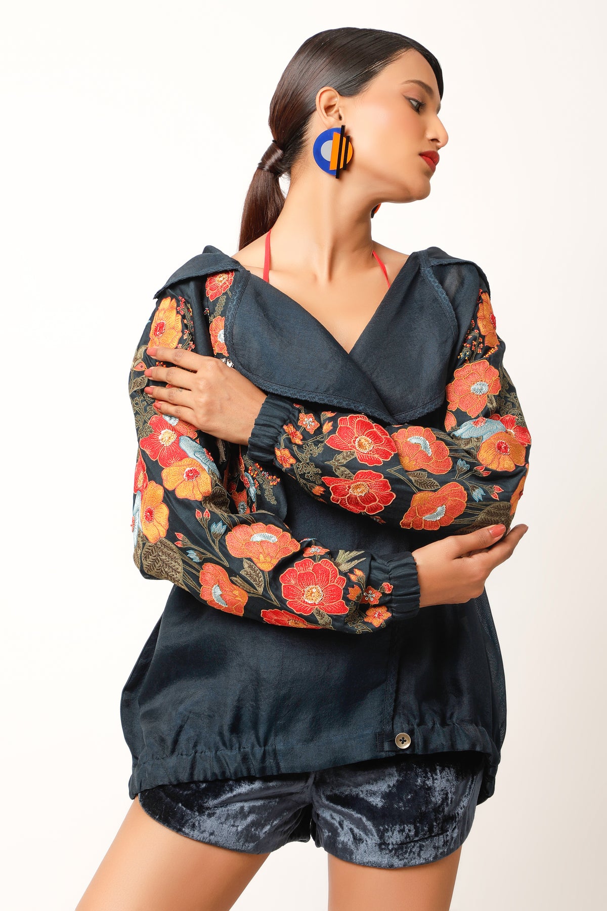 Foliage Embroidered Trench Bomber Jacket